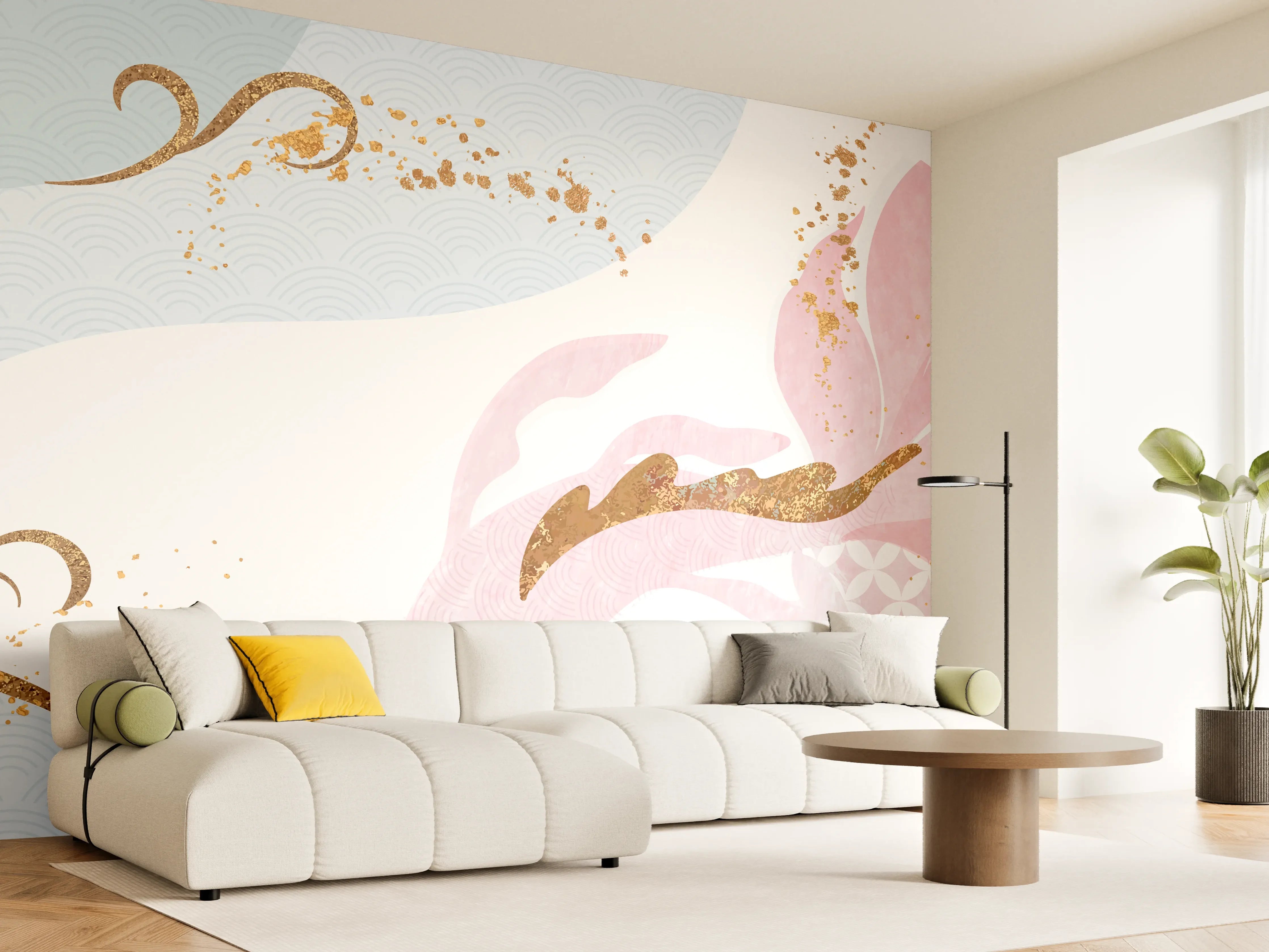 Wandverkleidung Wohnzimmer - Pastell-Blumenmuster Goldakzente