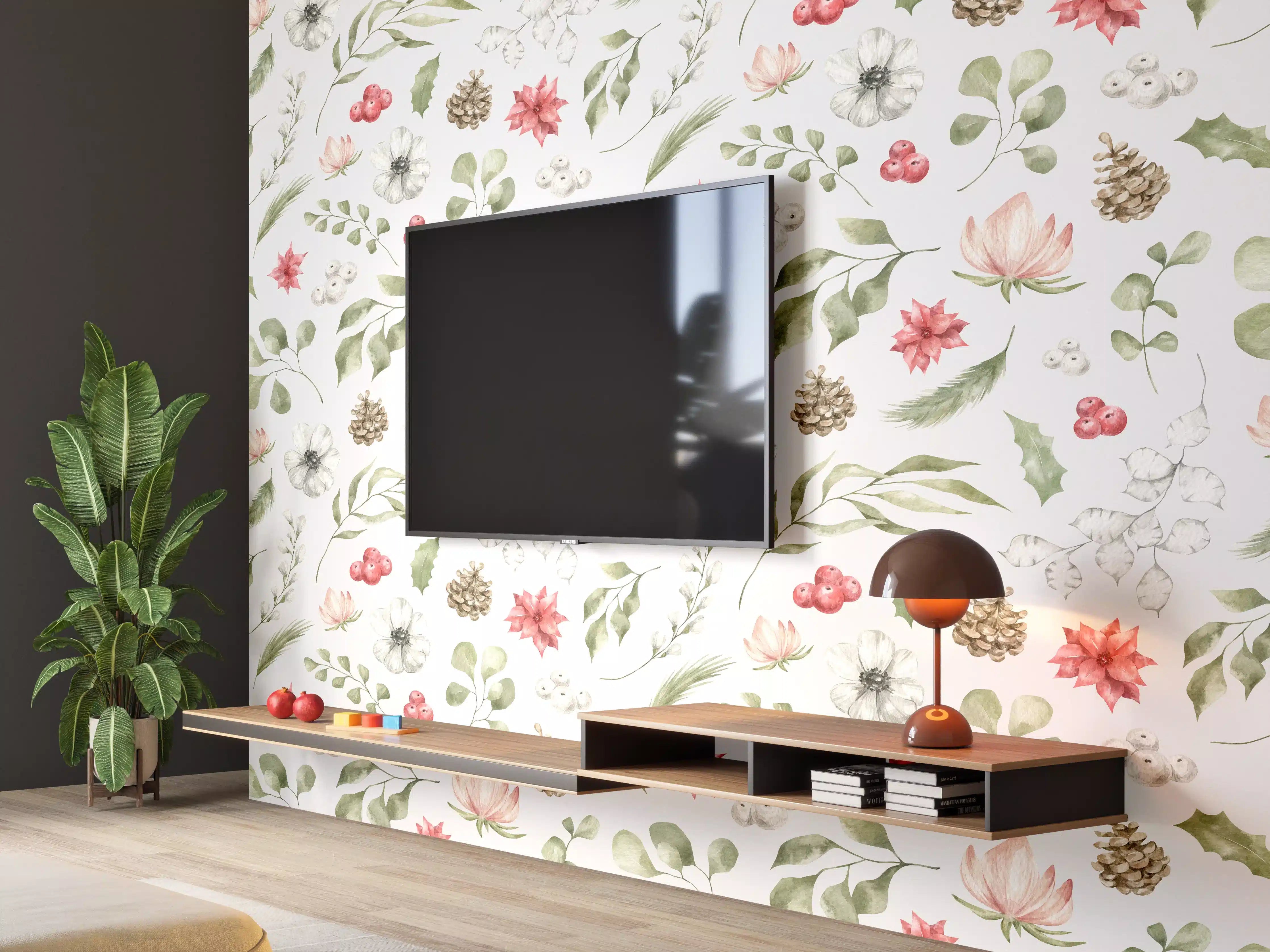 Wandverkleidung Wohnzimmer - Pastell Blumenmuster Weiß-Grün-Rosa