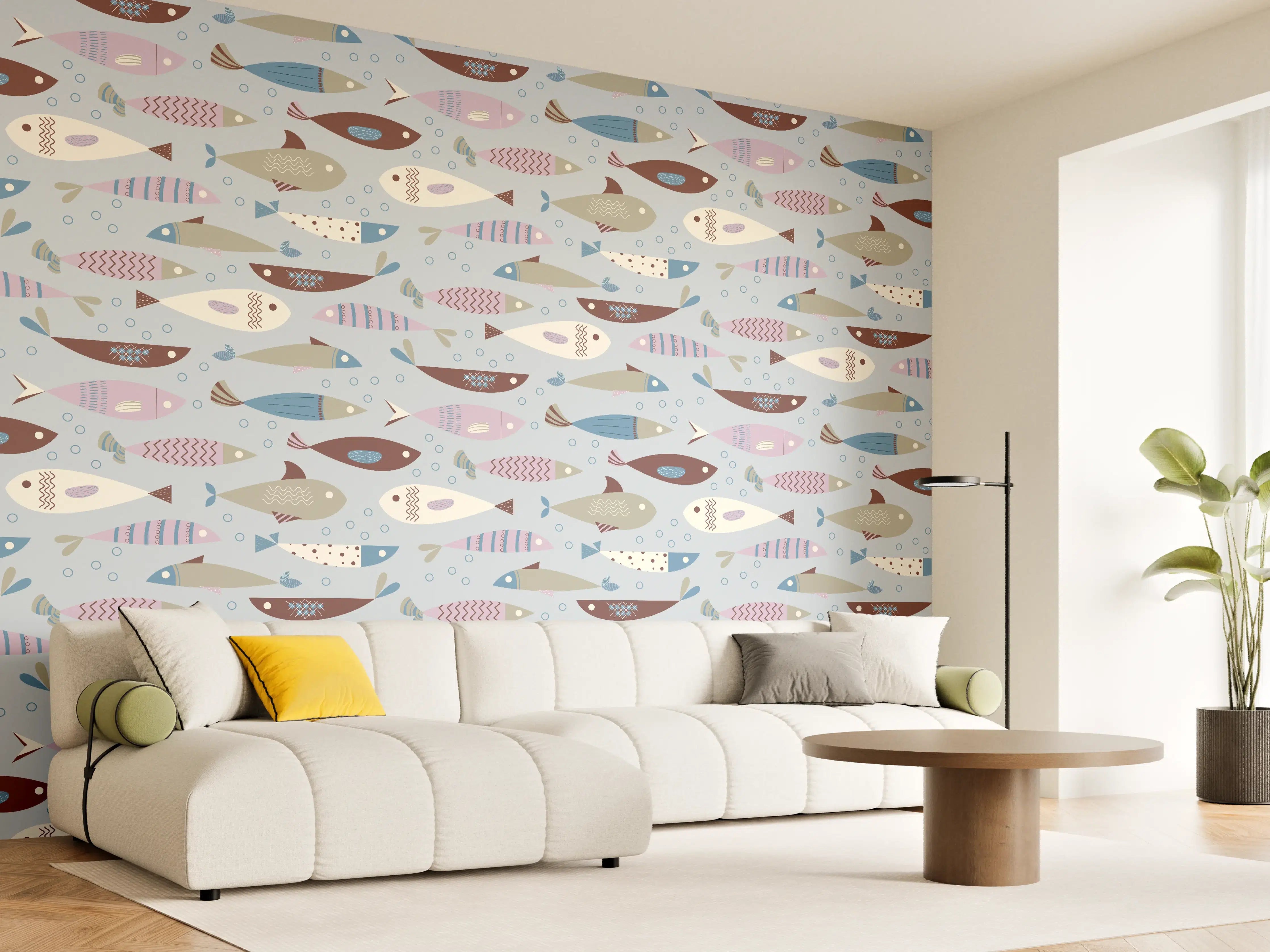 Wandverkleidung Wohnzimmer - Pastell-Fischmuster Blau Beige