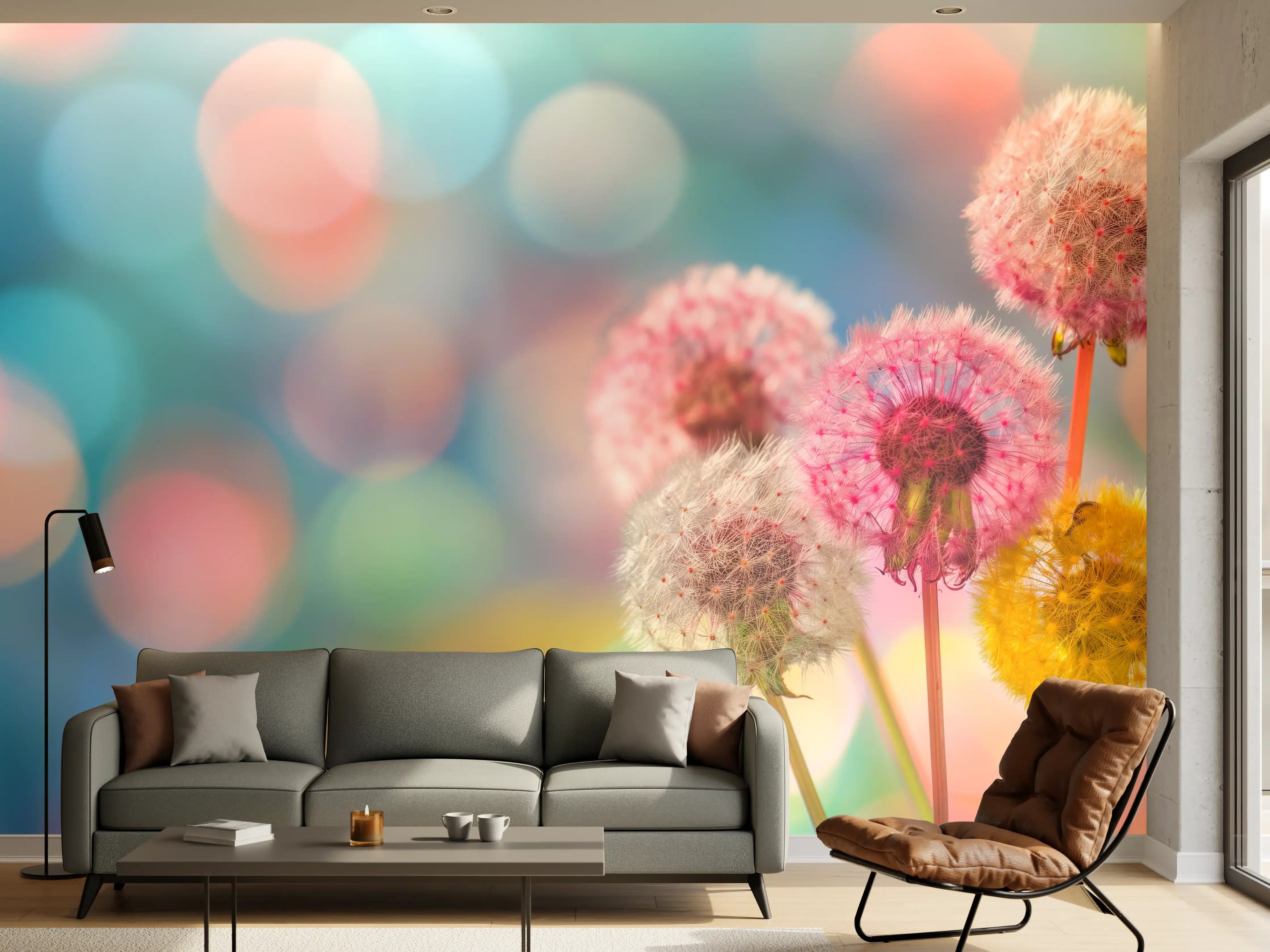 Wandverkleidung Wohnzimmer - Pastell-Pusteblumen im Bokeh