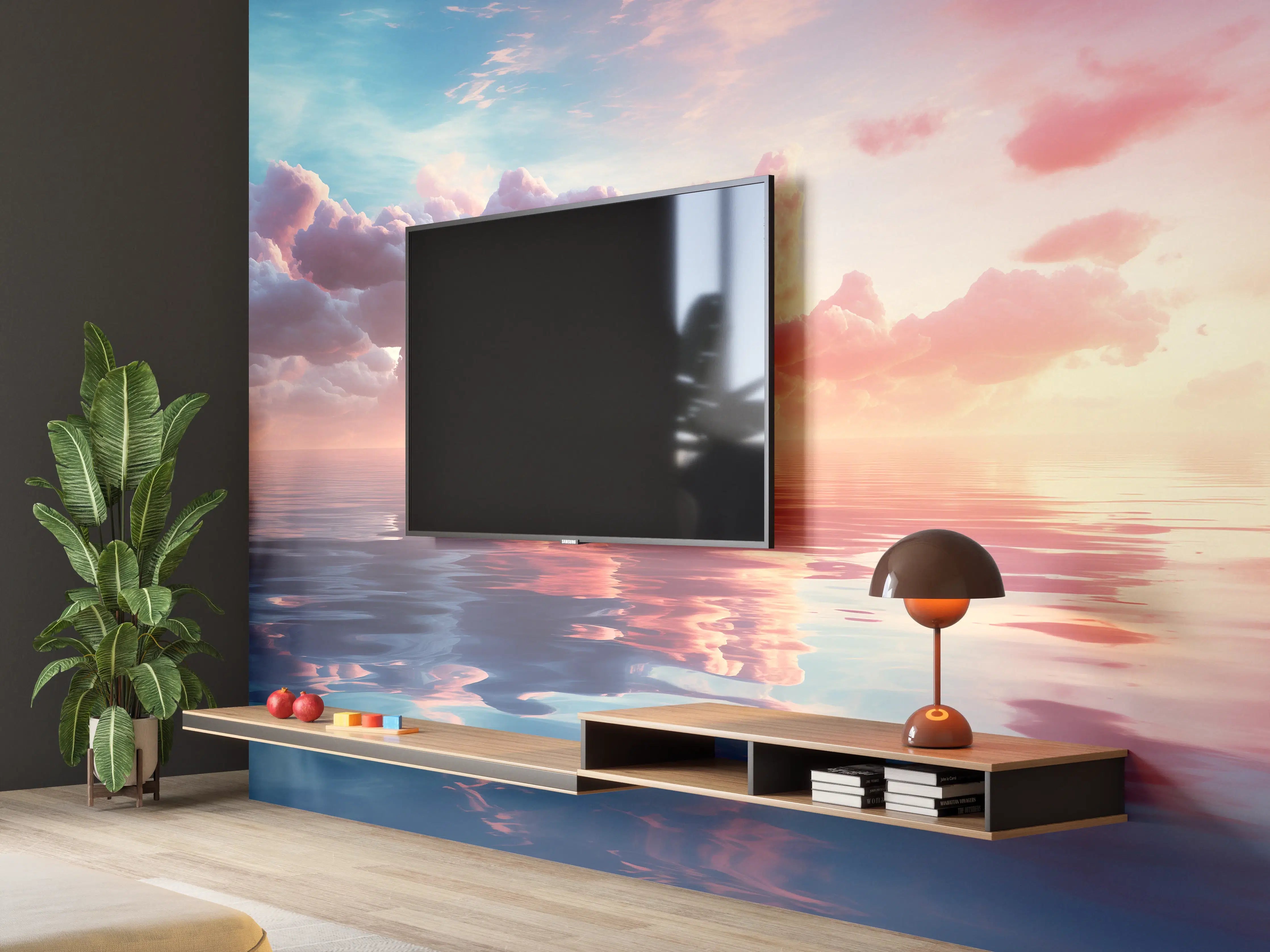 Wandverkleidung Wohnzimmer - Pastell-Sonnenuntergang über Meer