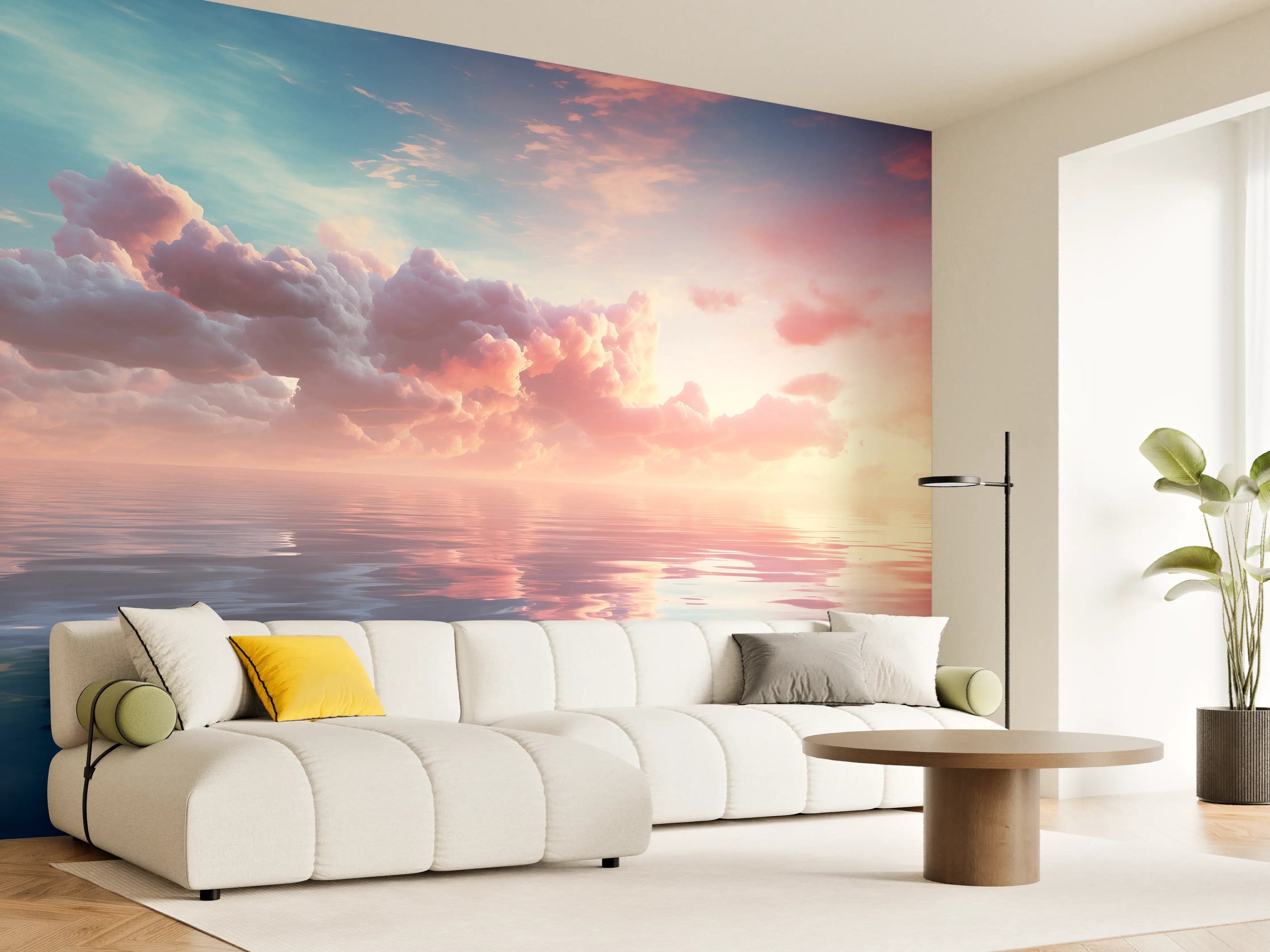 Wandverkleidung Wohnzimmer - Pastell-Sonnenuntergang über Meer