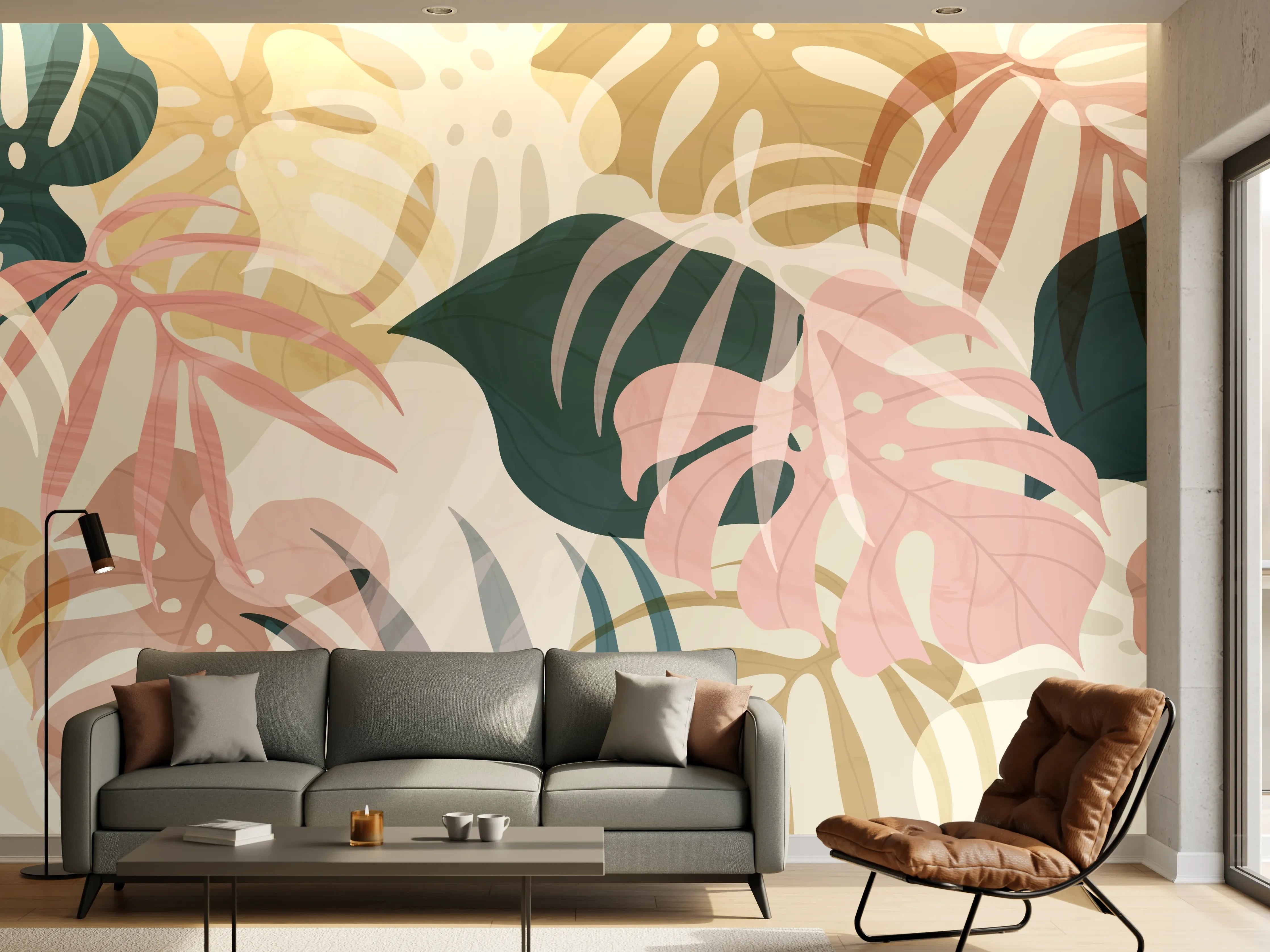Wandverkleidung Wohnzimmer - Pastellfarbene Blumenmuster Tapete