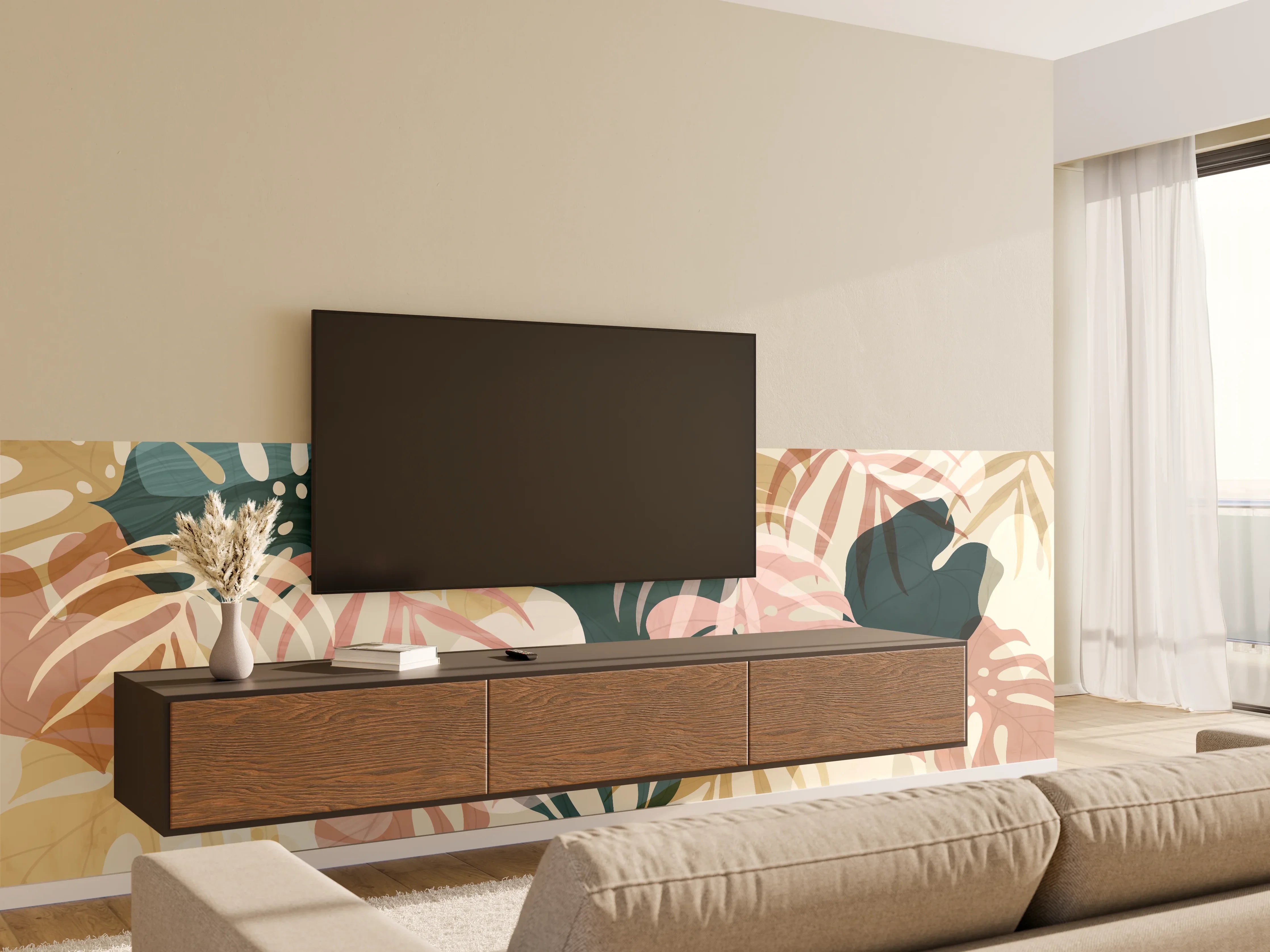 Wandverkleidung Wohnzimmer - Pastellfarbene Blumenmuster Tapete