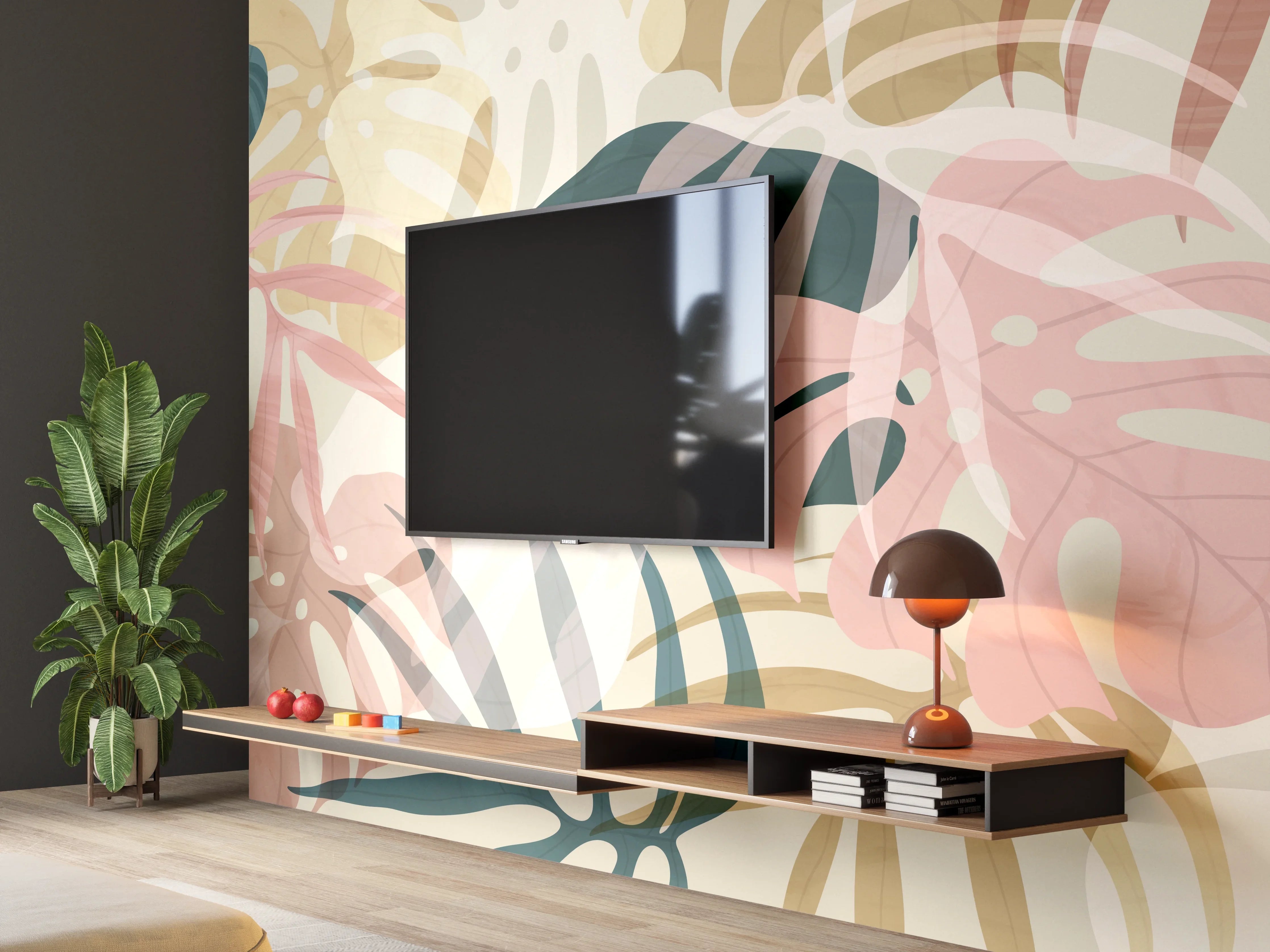 Wandverkleidung Wohnzimmer - Pastellfarbene Blumenmuster Tapete