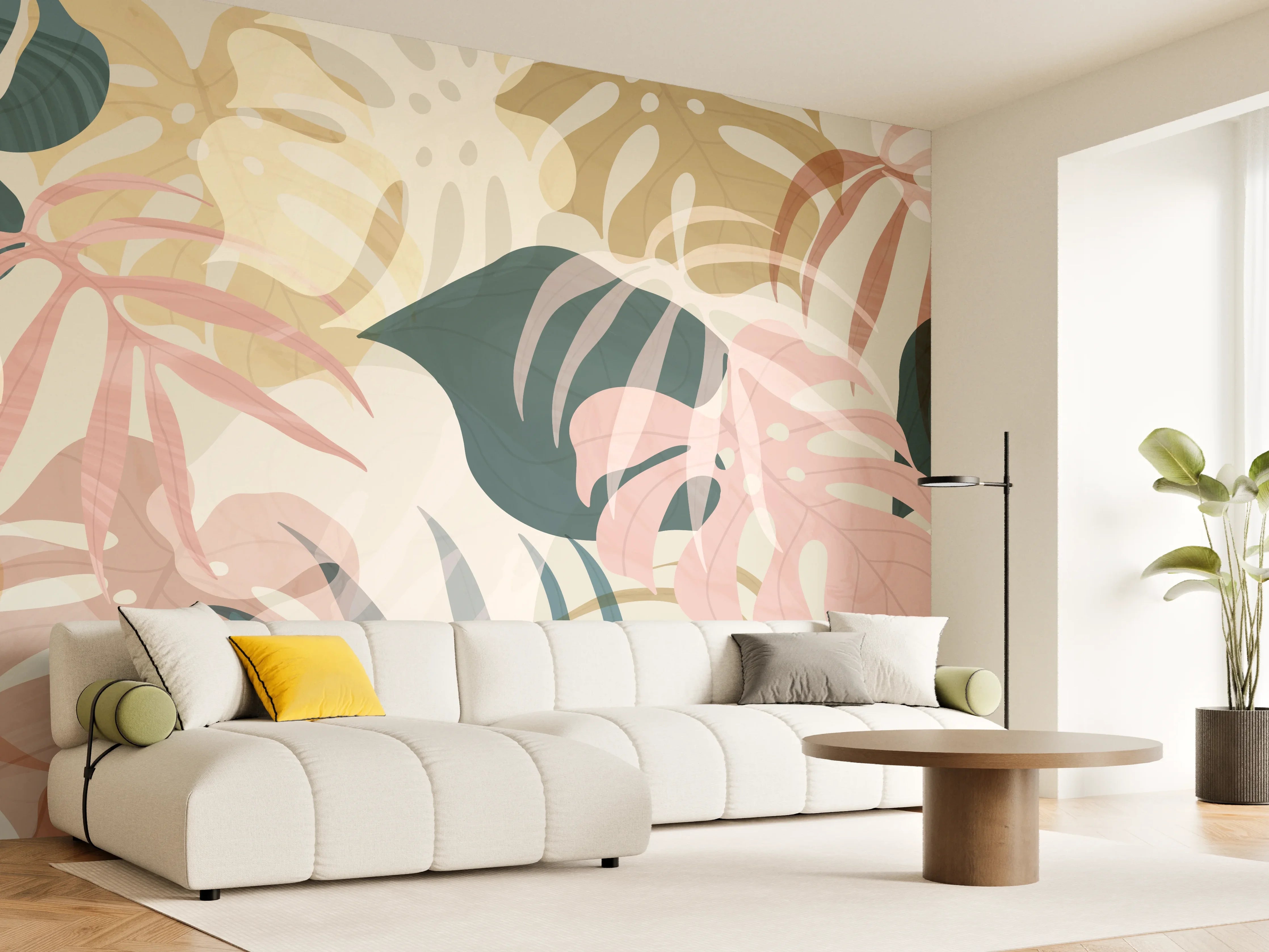 Wandverkleidung Wohnzimmer - Pastellfarbene Blumenmuster Tapete