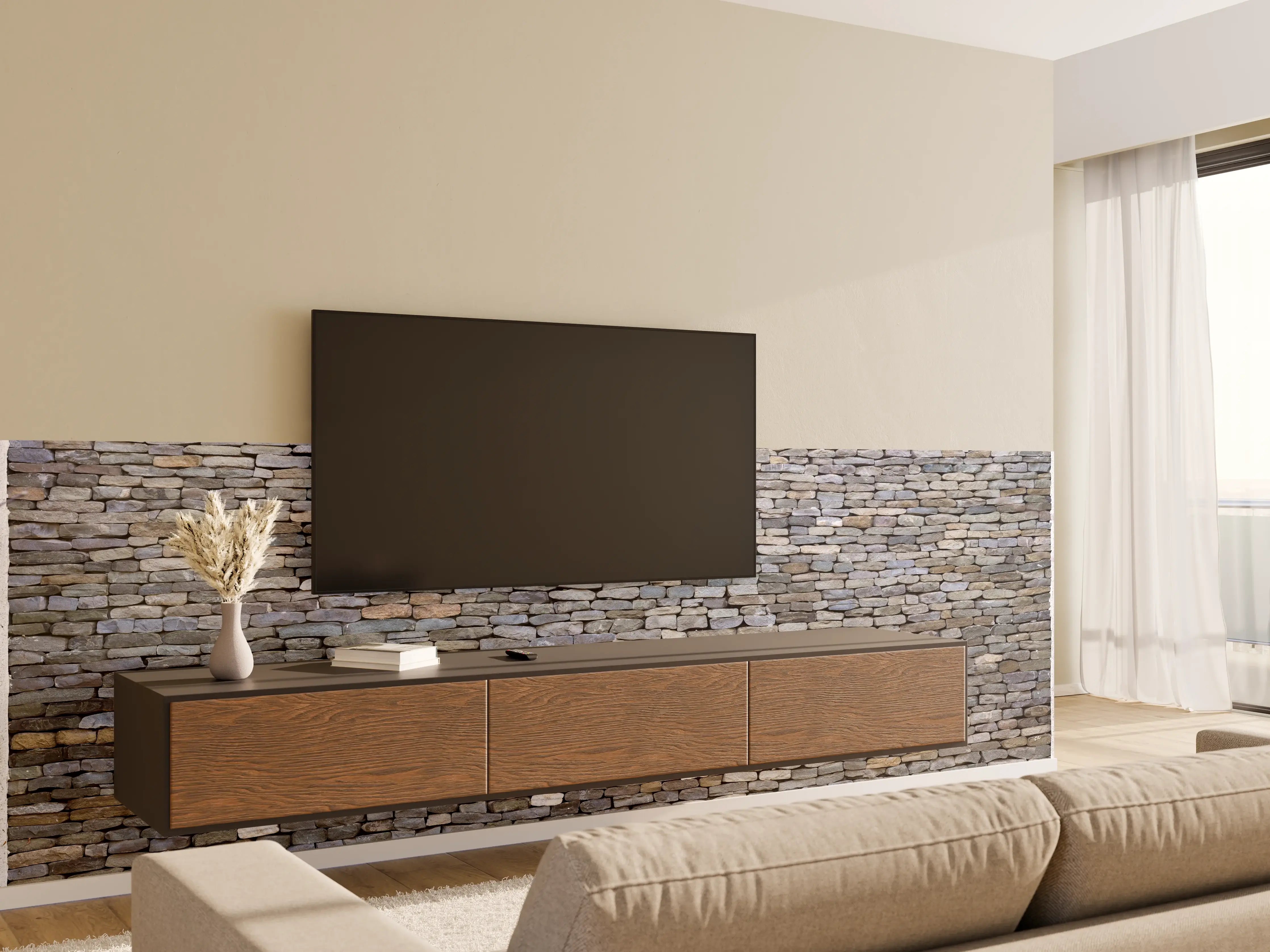 Wandverkleidung Wohnzimmer - Pastellfarbene Steinmauer