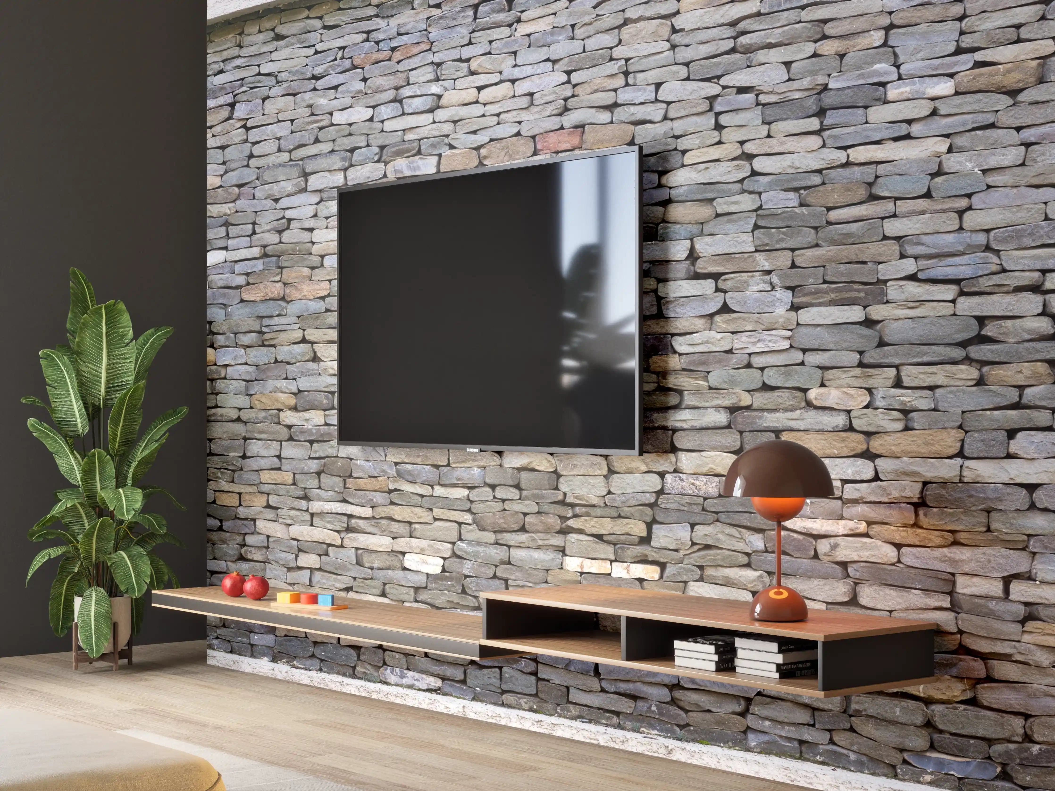 Wandverkleidung Wohnzimmer - Pastellfarbene Steinmauer