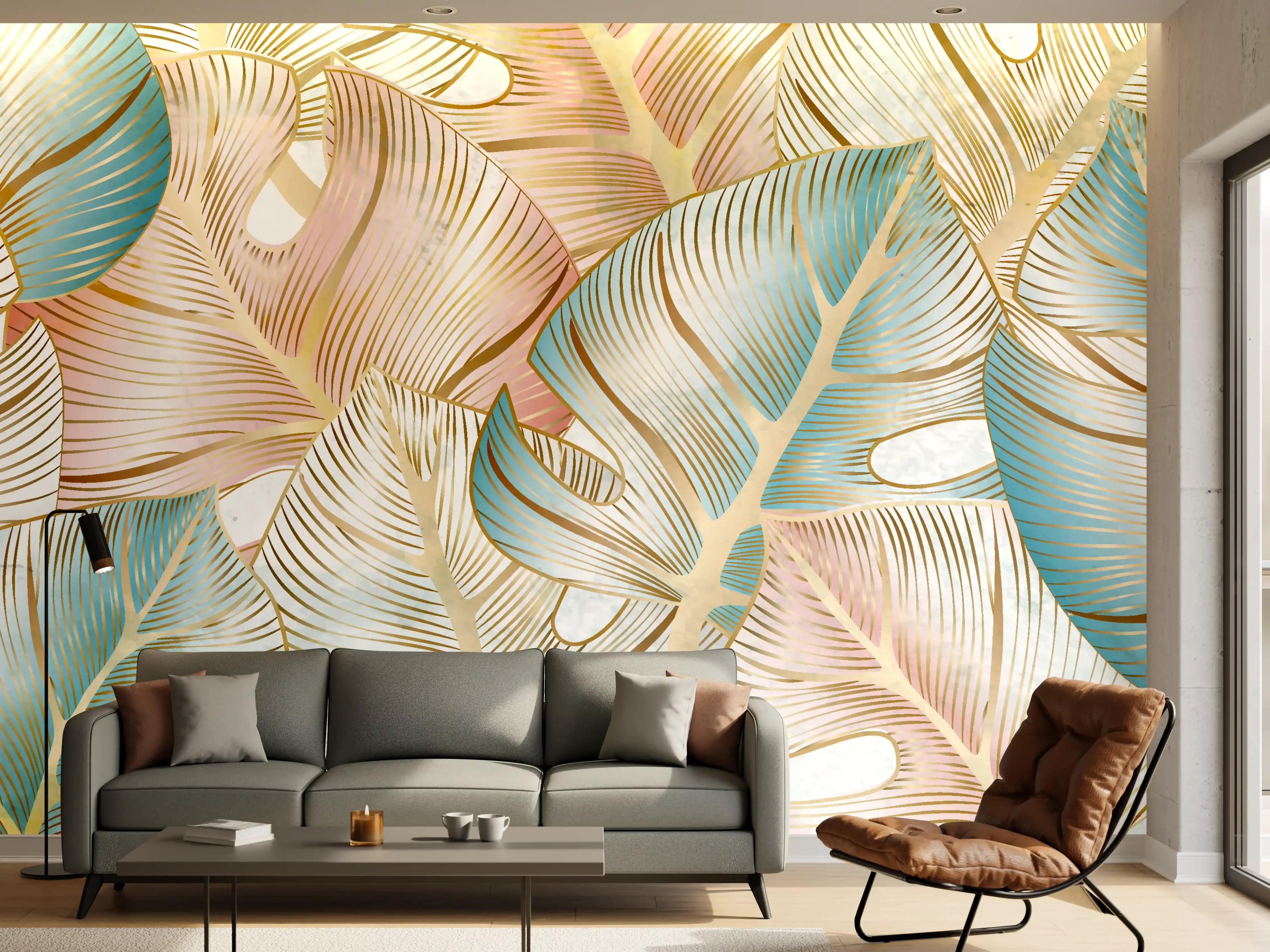 Wandverkleidung Wohnzimmer - Pastellfarbenes Blattmuster Design