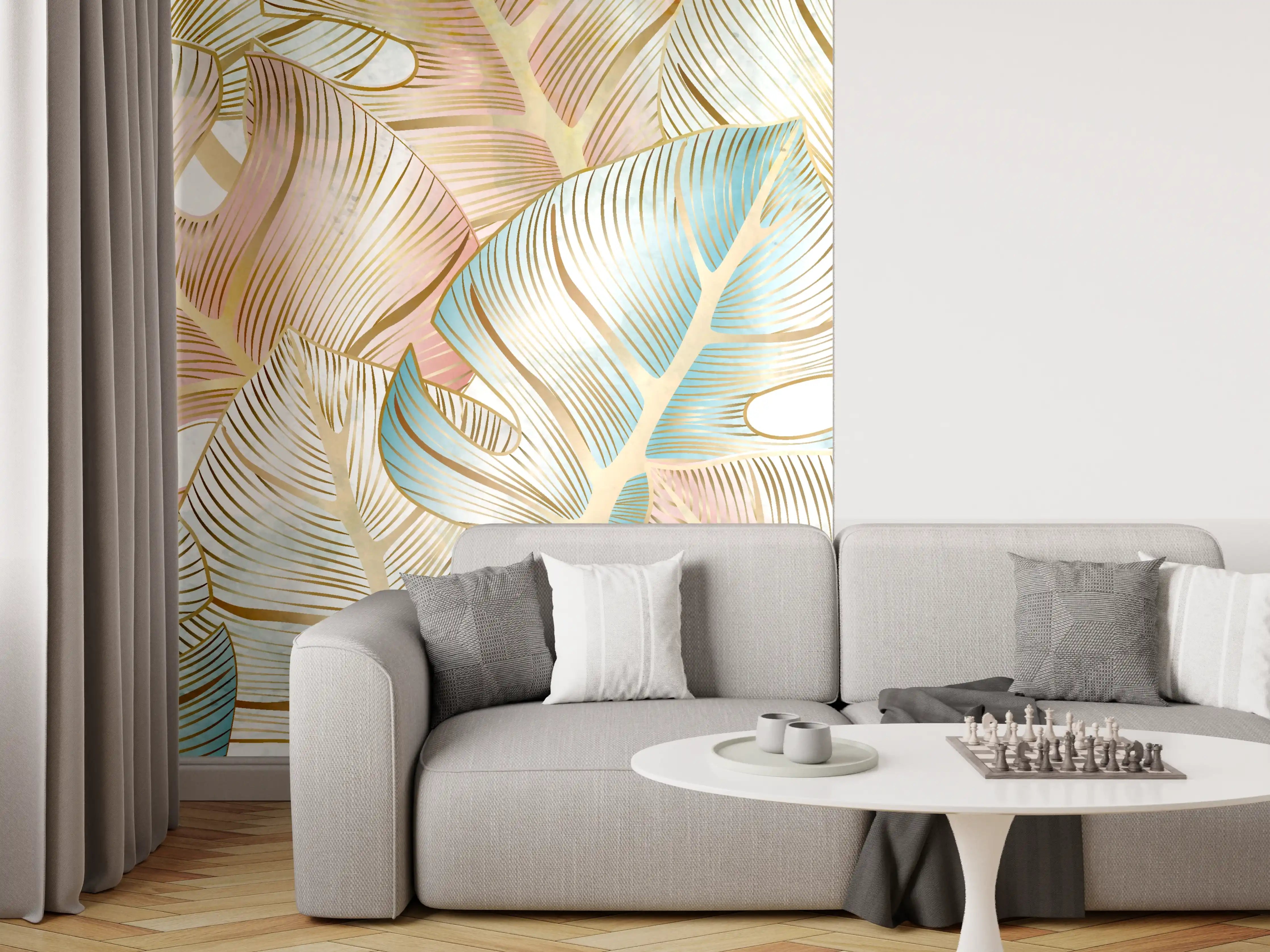 Wandverkleidung Wohnzimmer - Pastellfarbenes Blattmuster Design