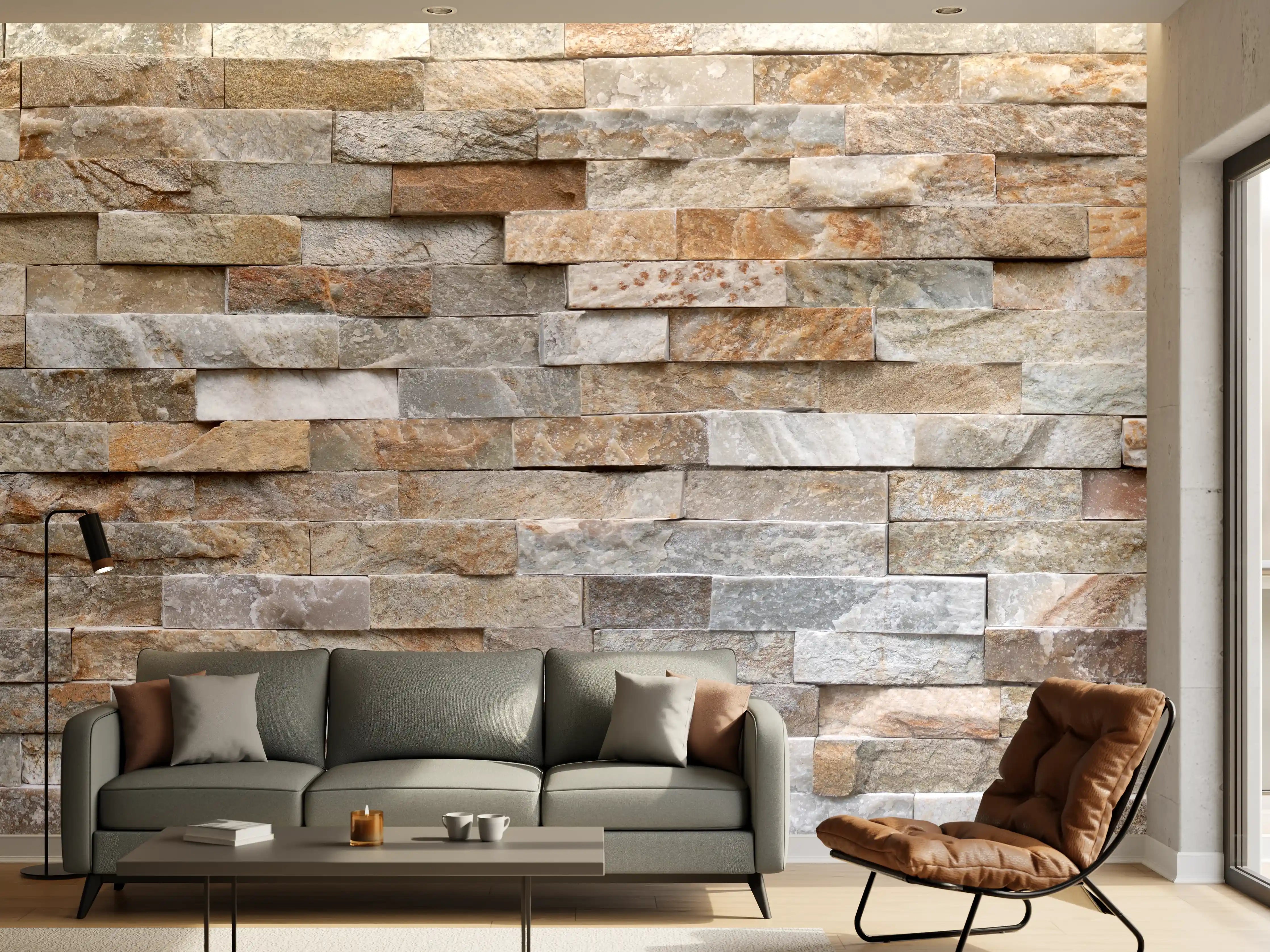 Wandverkleidung Wohnzimmer - Pastellfarbige Steinmauer