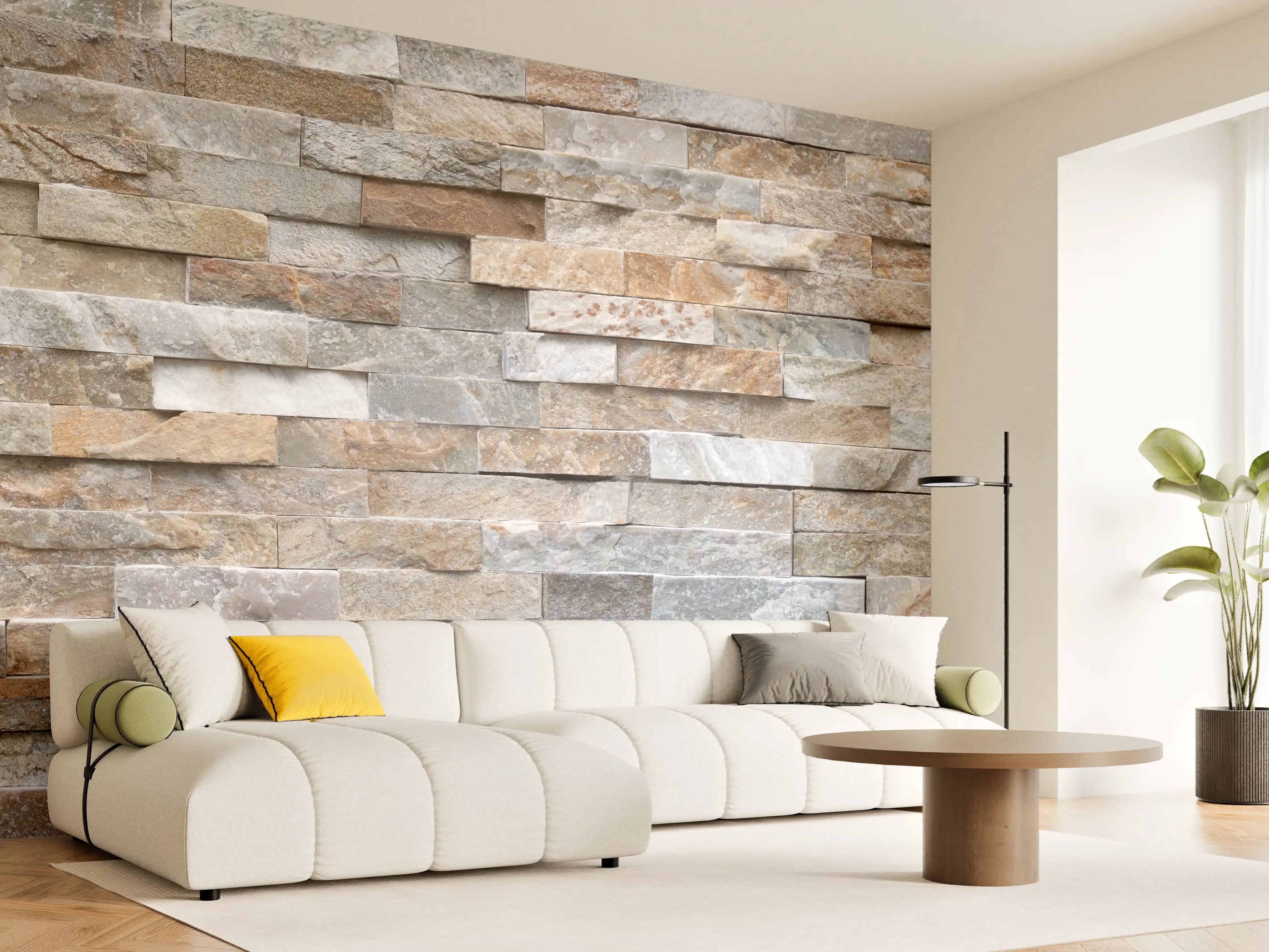 Wandverkleidung Wohnzimmer - Pastellfarbige Steinmauer