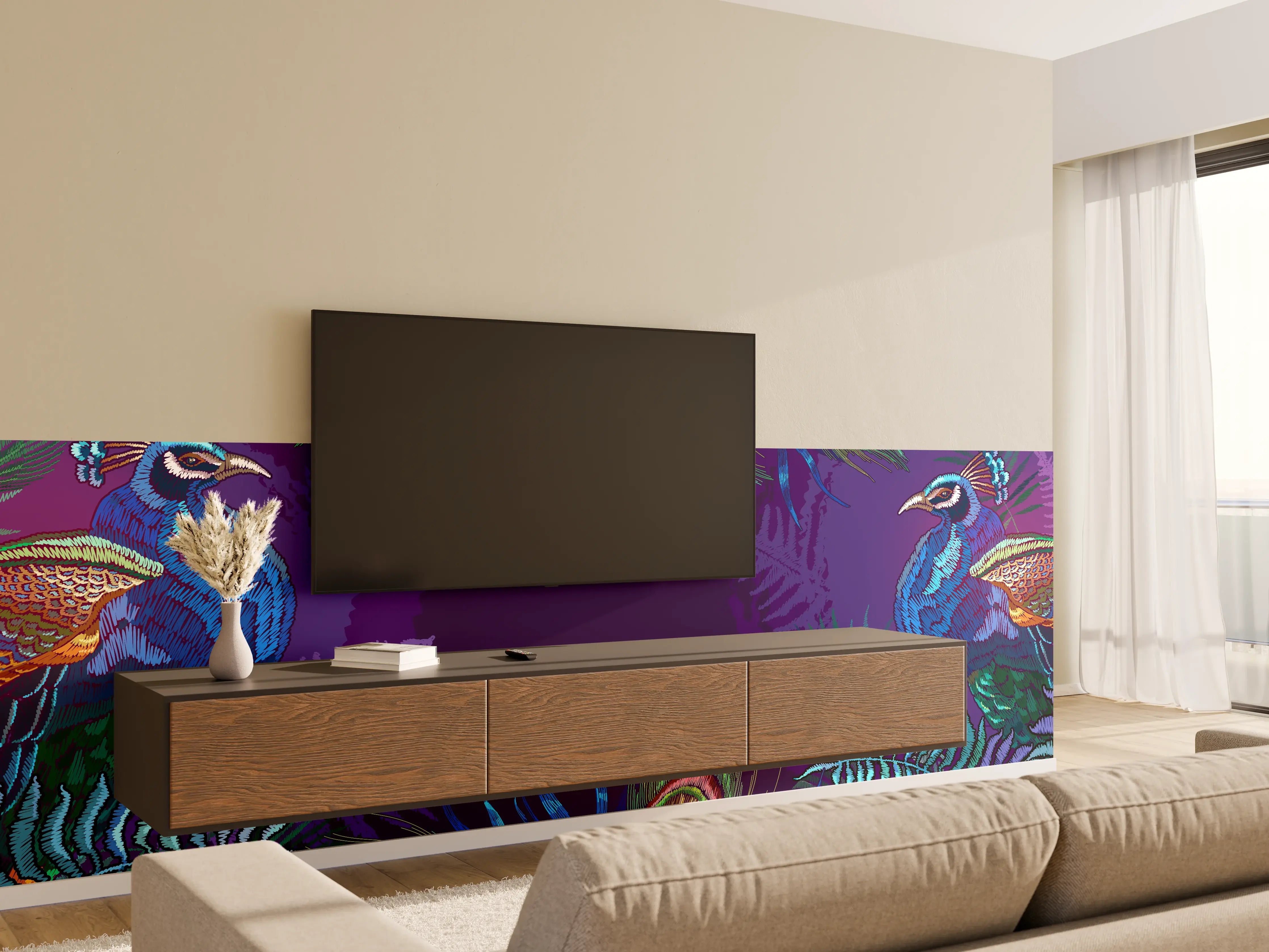 Wandverkleidung Wohnzimmer - Pfau - Stickmuster