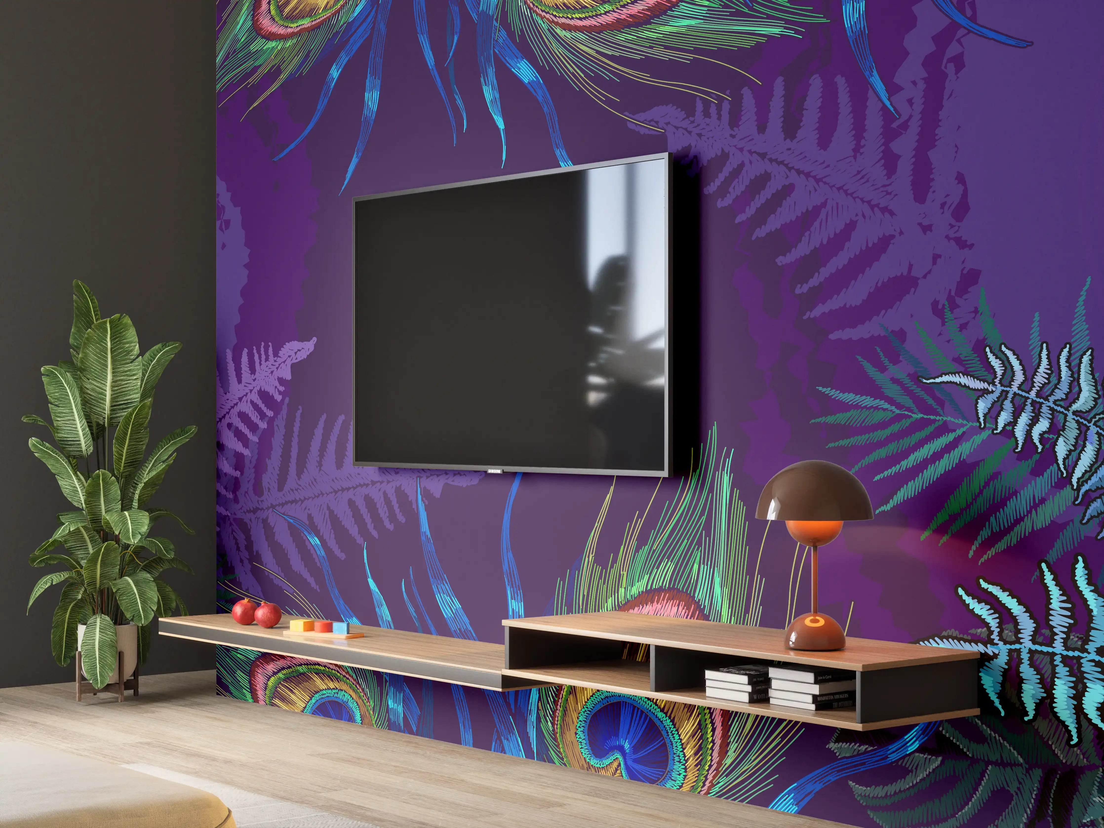 Wandverkleidung Wohnzimmer - Pfau - Stickmuster