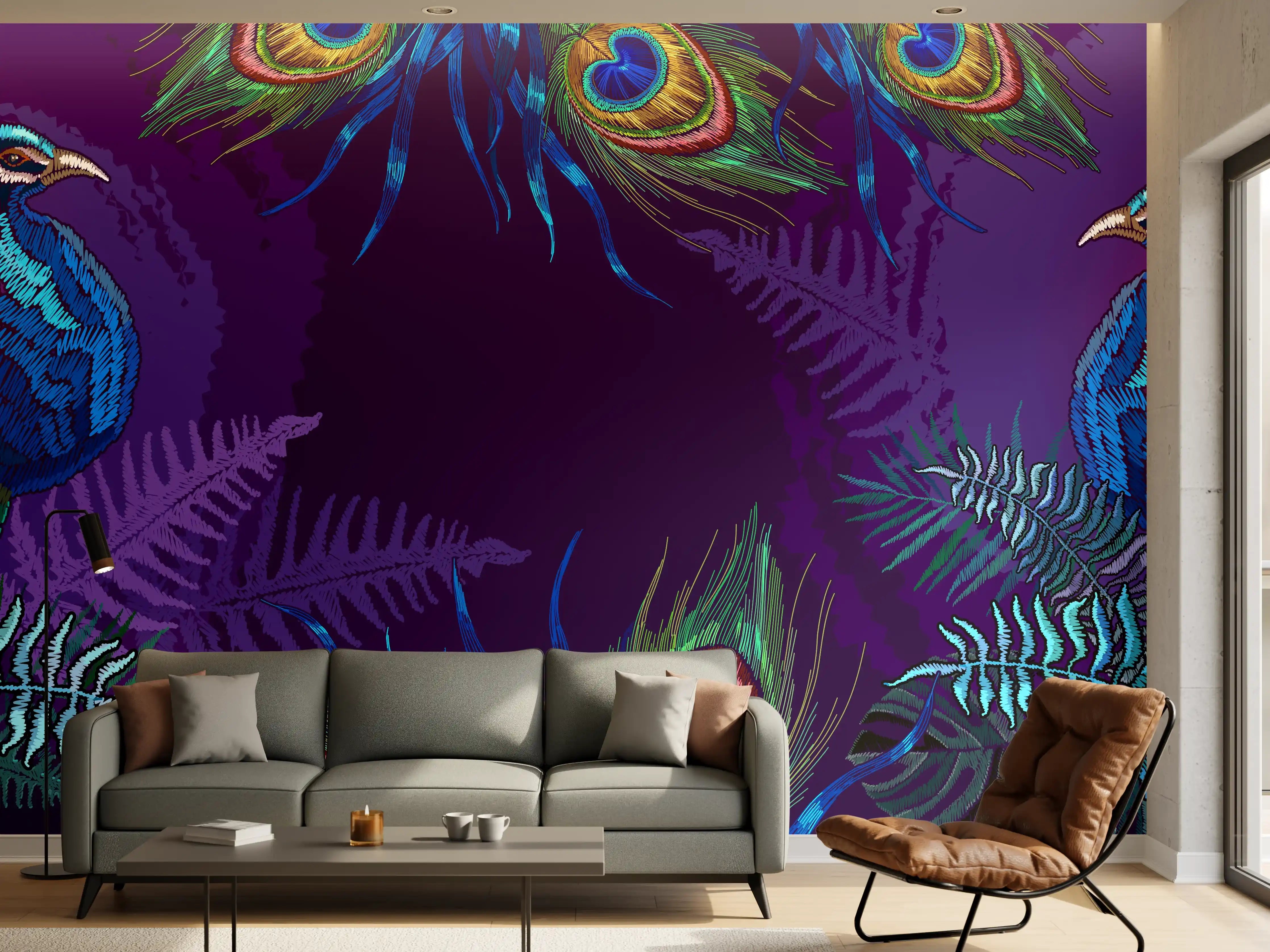 Wandverkleidung Wohnzimmer - Pfauen Stickkunst Palmenblätter