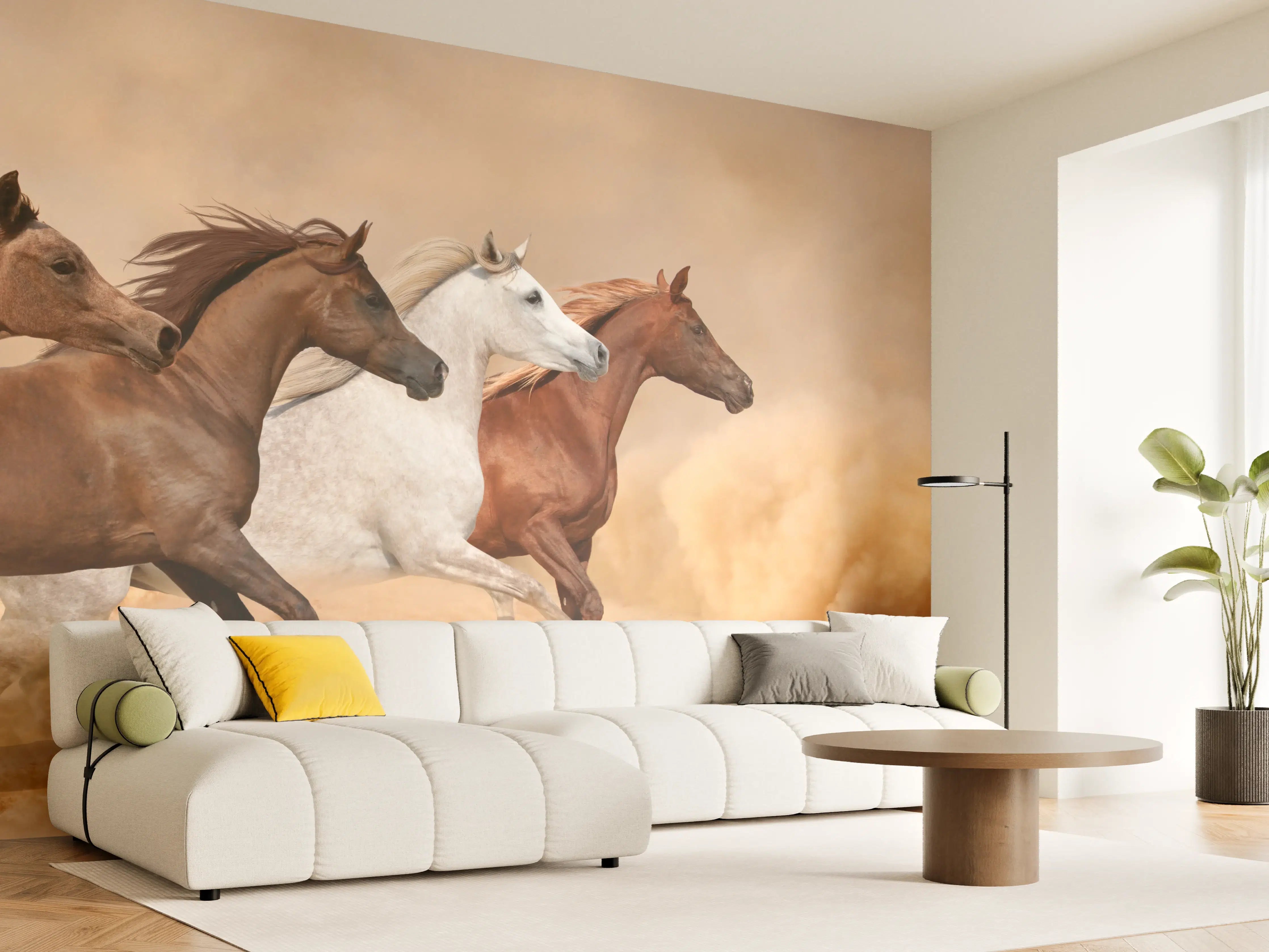 Wandverkleidung Wohnzimmer - Pferde galoppieren im Sandsturm