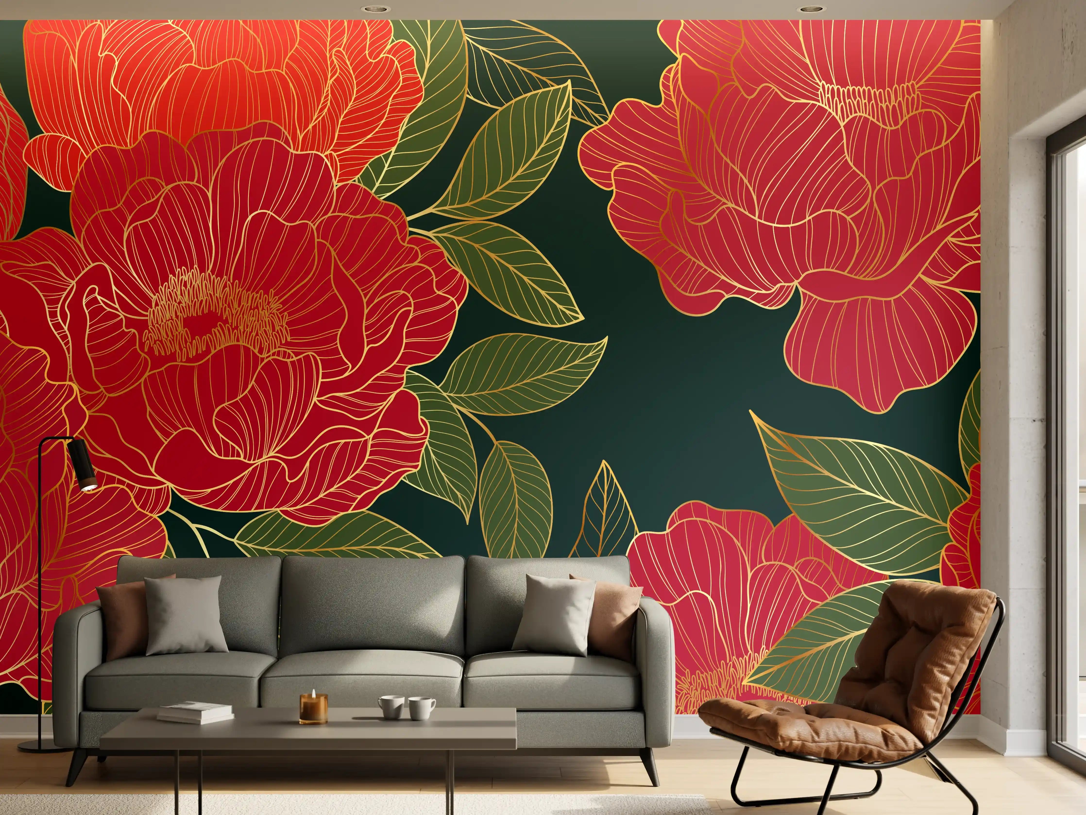 Wandverkleidung Wohnzimmer - Pfingstrosen Muster Dunkelrot