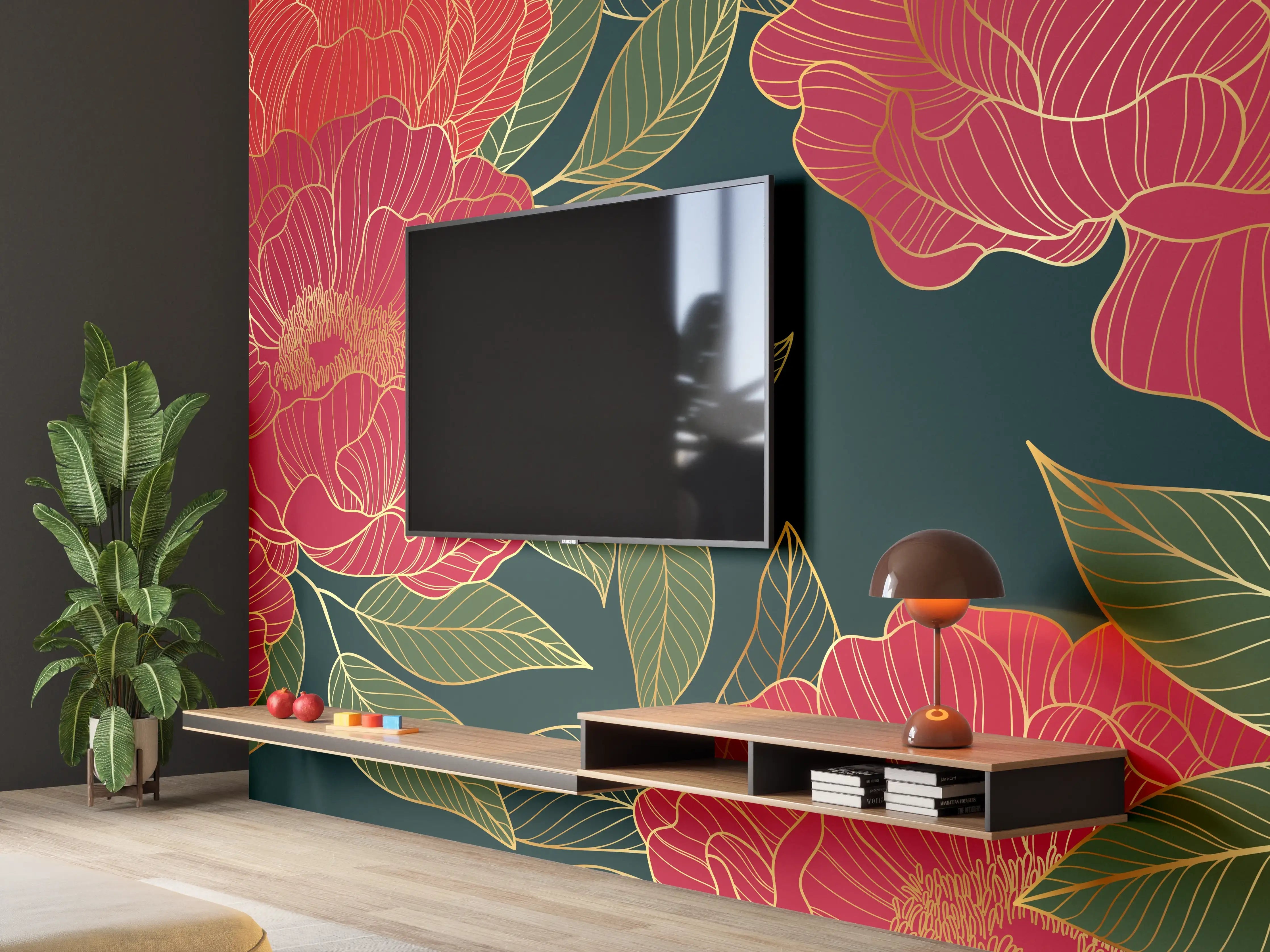 Wandverkleidung Wohnzimmer - Pfingstrosen Muster Dunkelrot