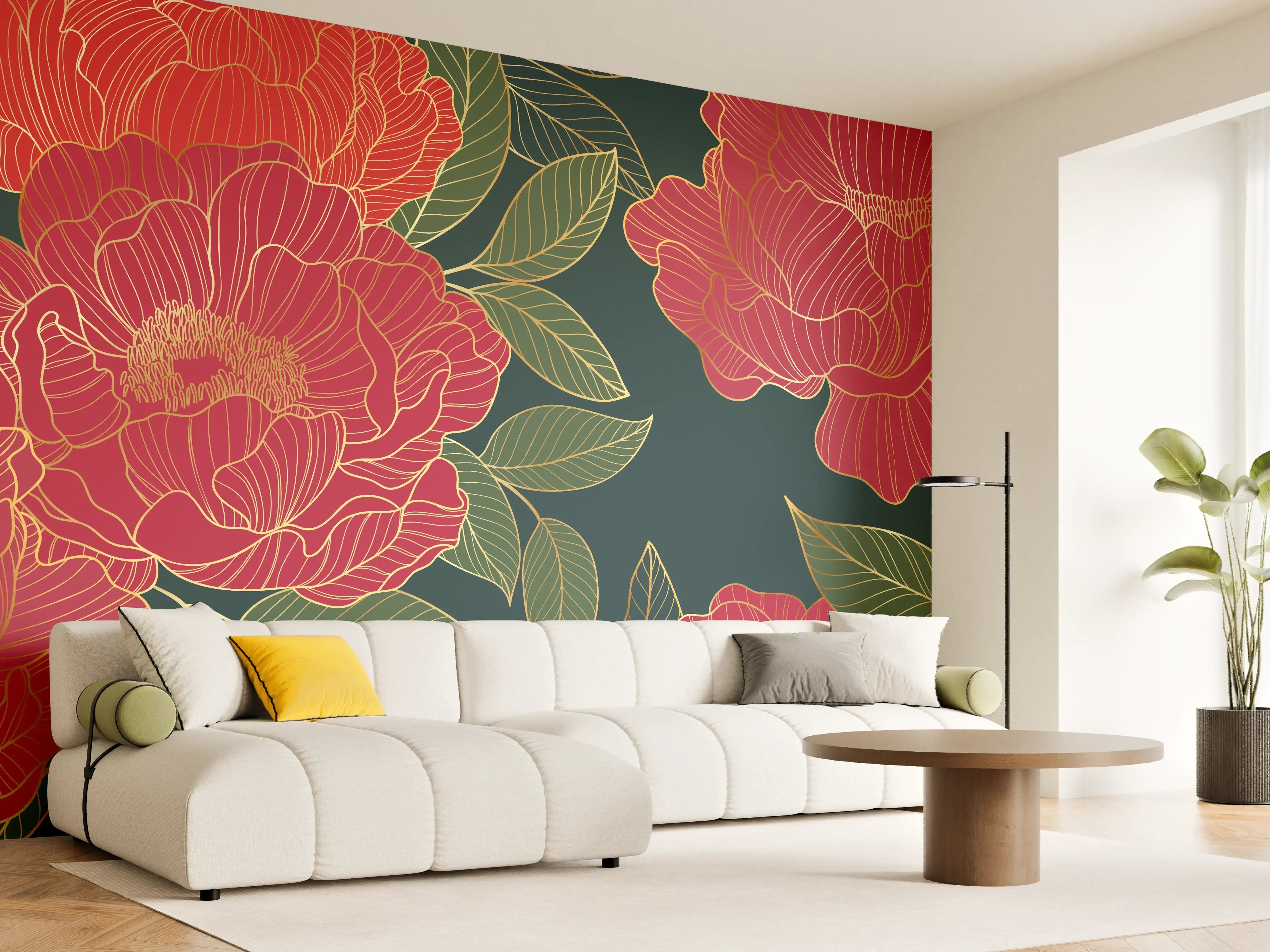Wandverkleidung Wohnzimmer - Pfingstrosen Muster Dunkelrot