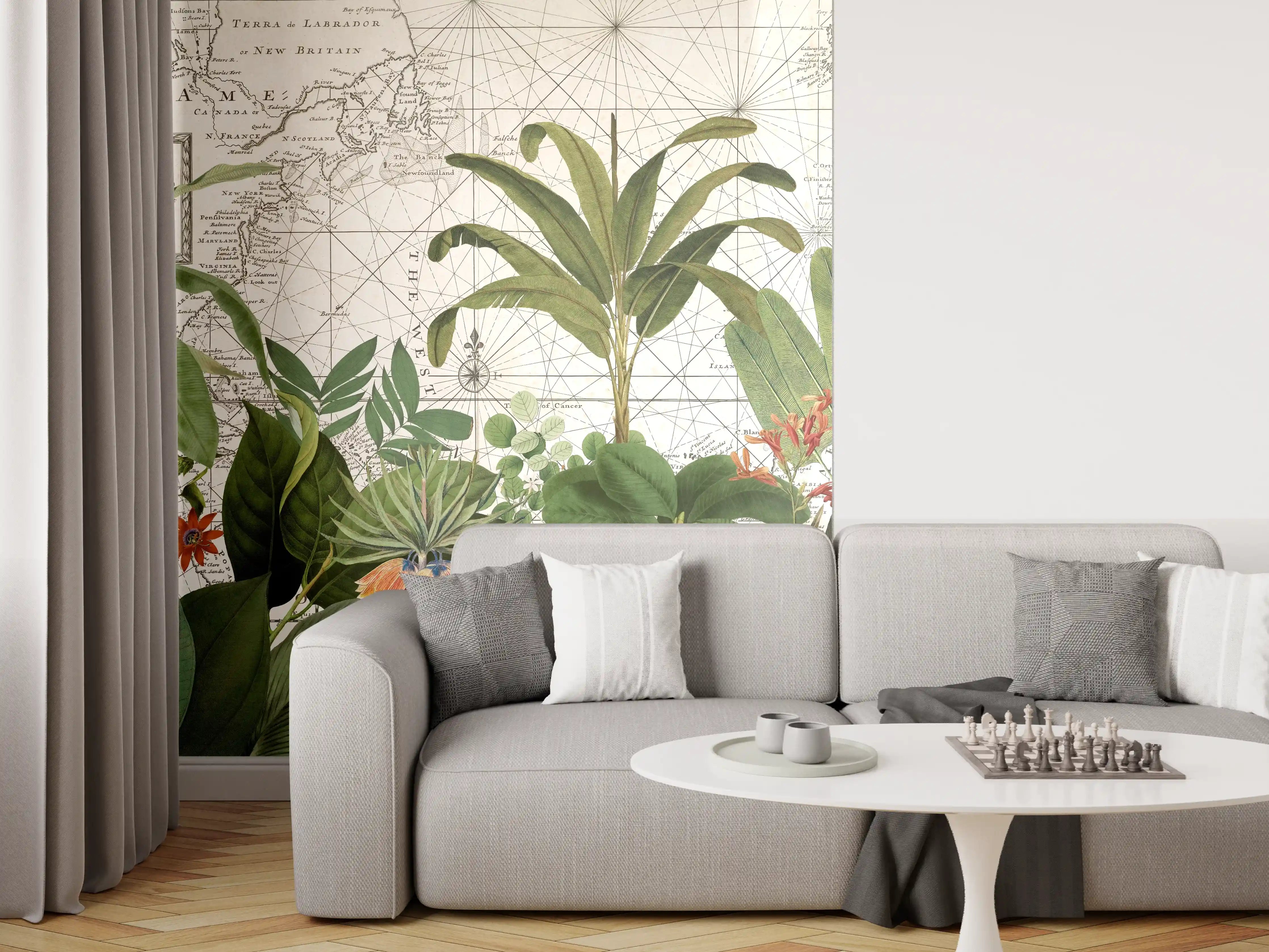 Wandverkleidung Wohnzimmer - Pflanzen und botanische Illustration