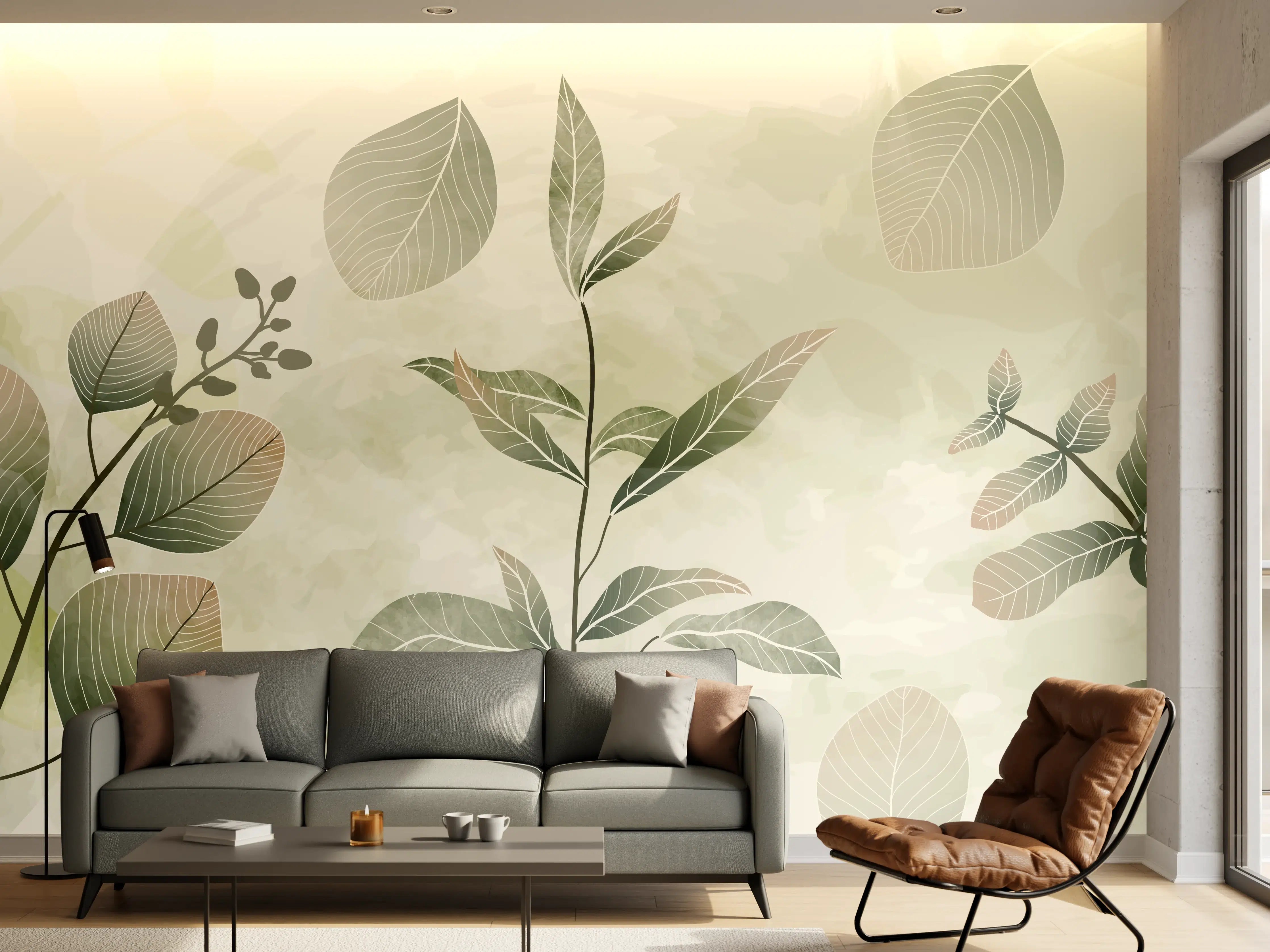 Wandverkleidung Wohnzimmer - Pflanzenmuster in Grüntönen