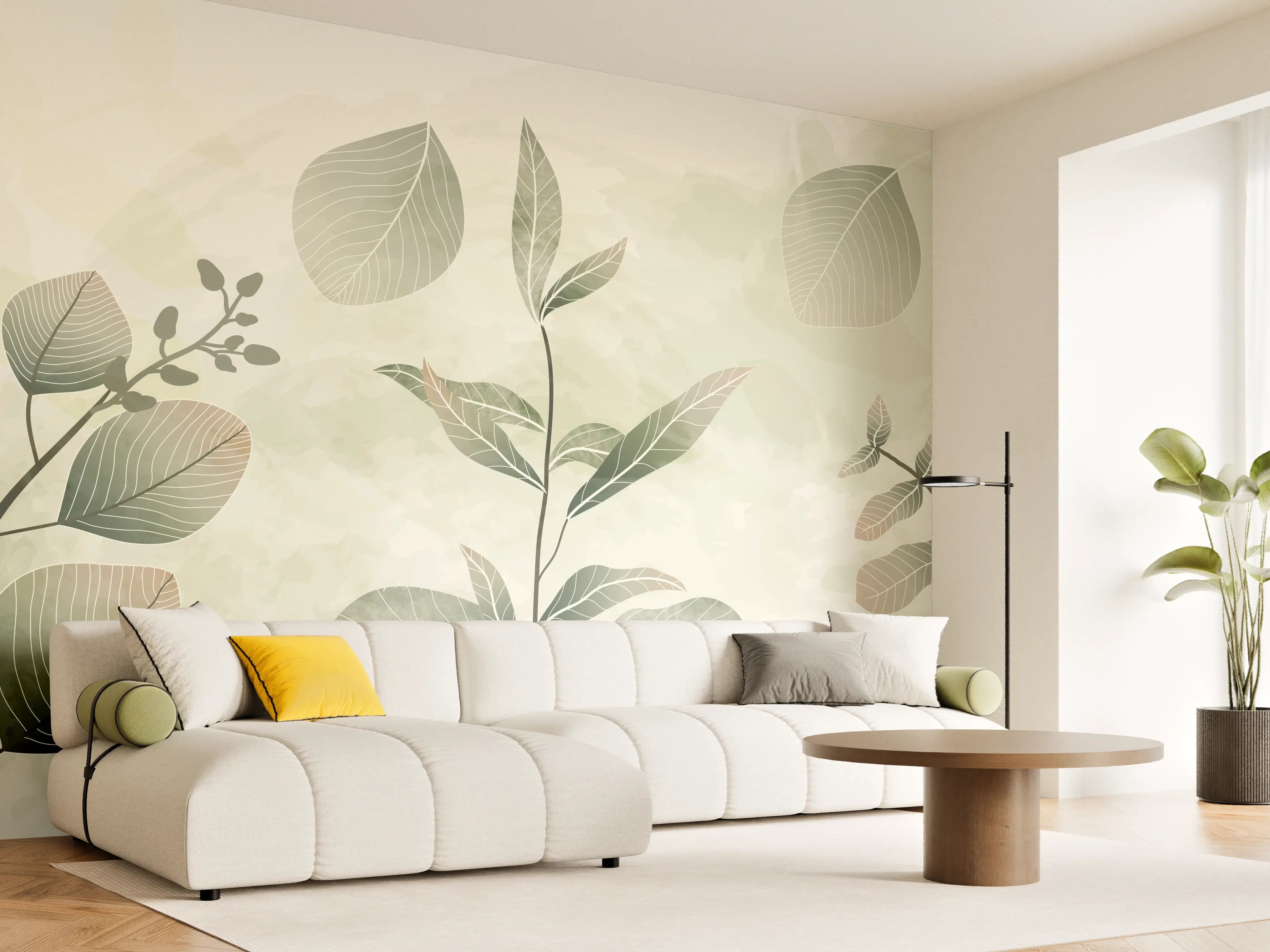 Wandverkleidung Wohnzimmer - Pflanzenmuster in Grüntönen