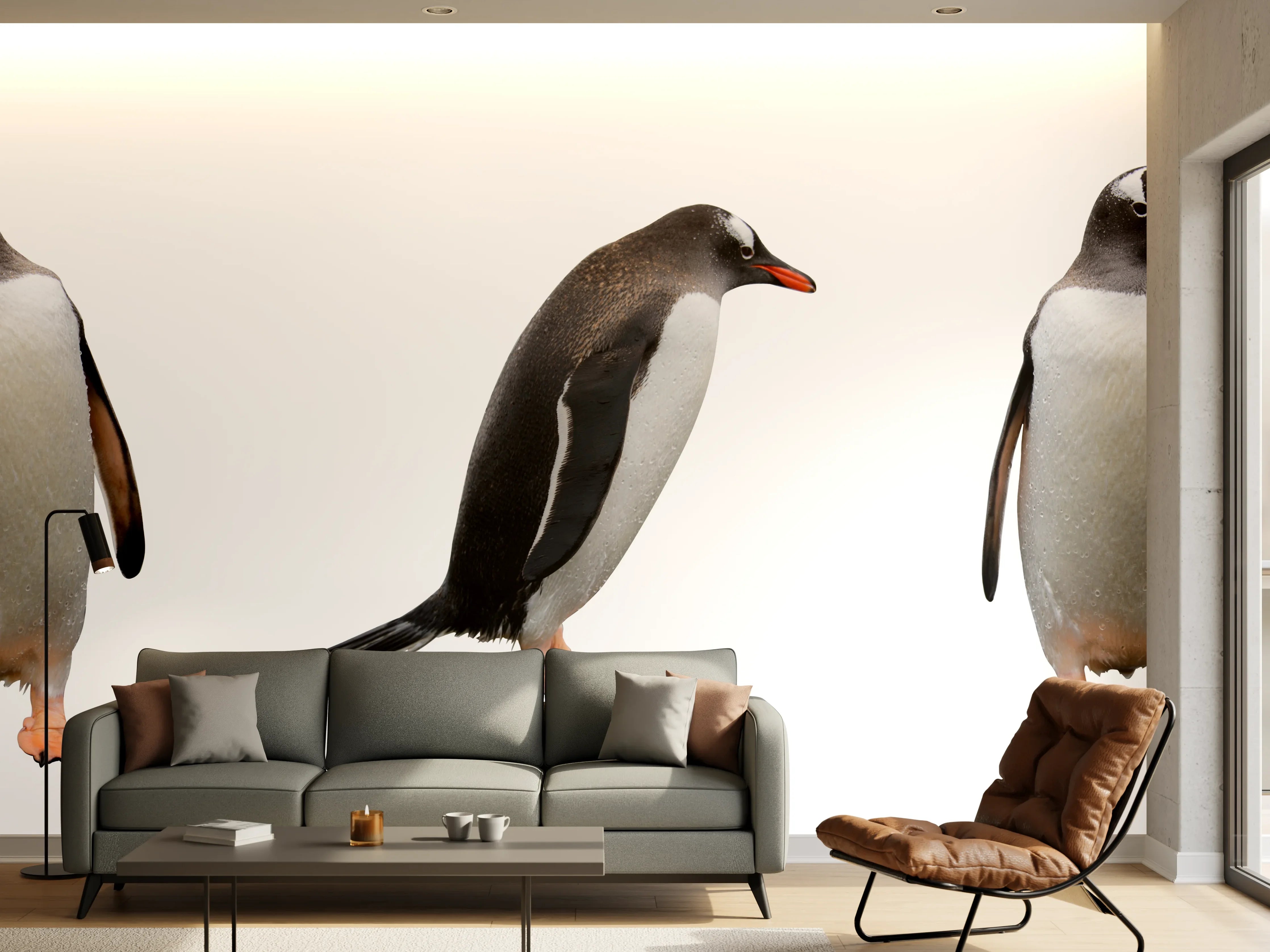 Wandverkleidung Wohnzimmer - Pinguine auf weißem Hintergrund