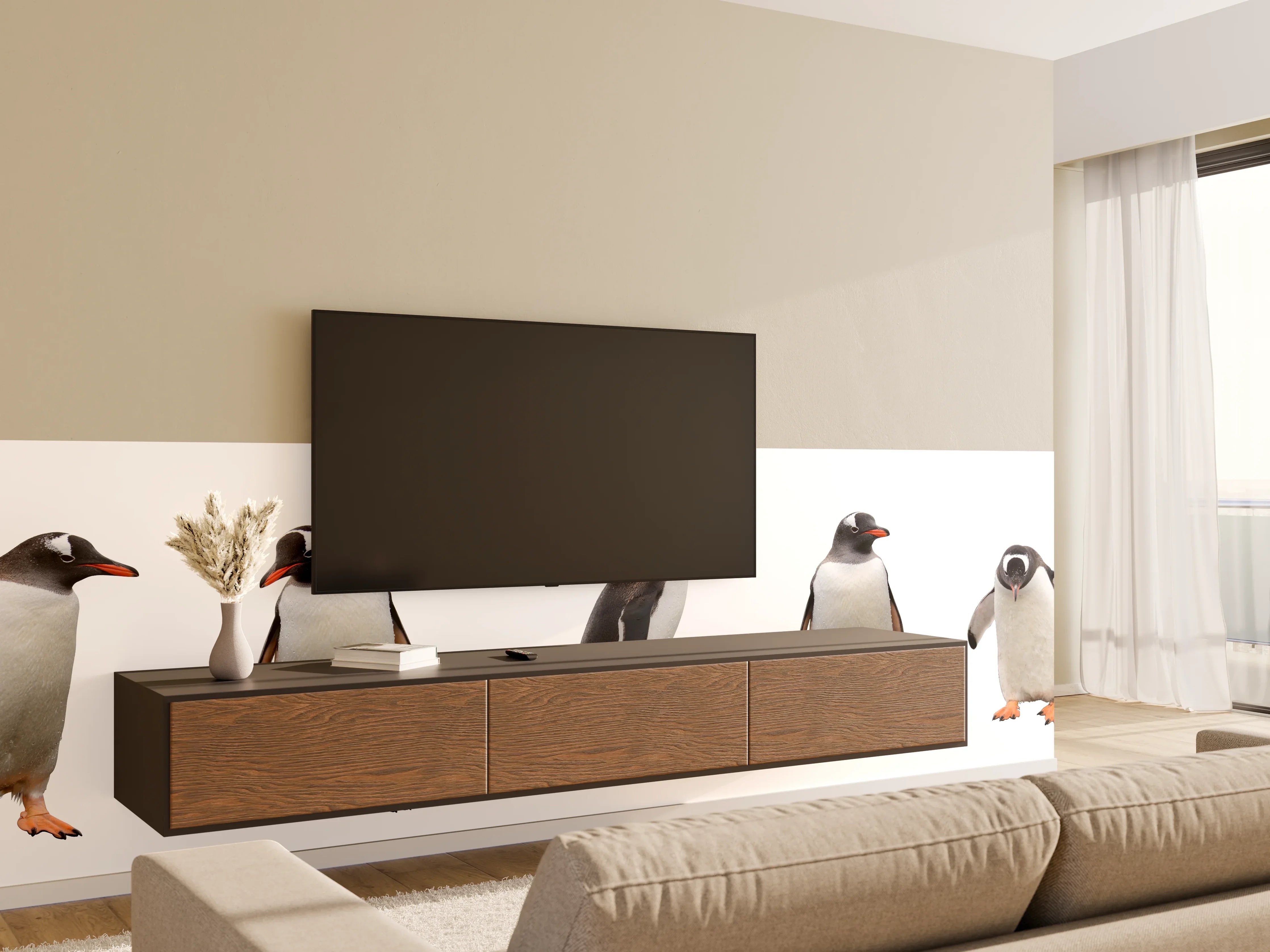 Wandverkleidung Wohnzimmer - Pinguine auf weißem Hintergrund