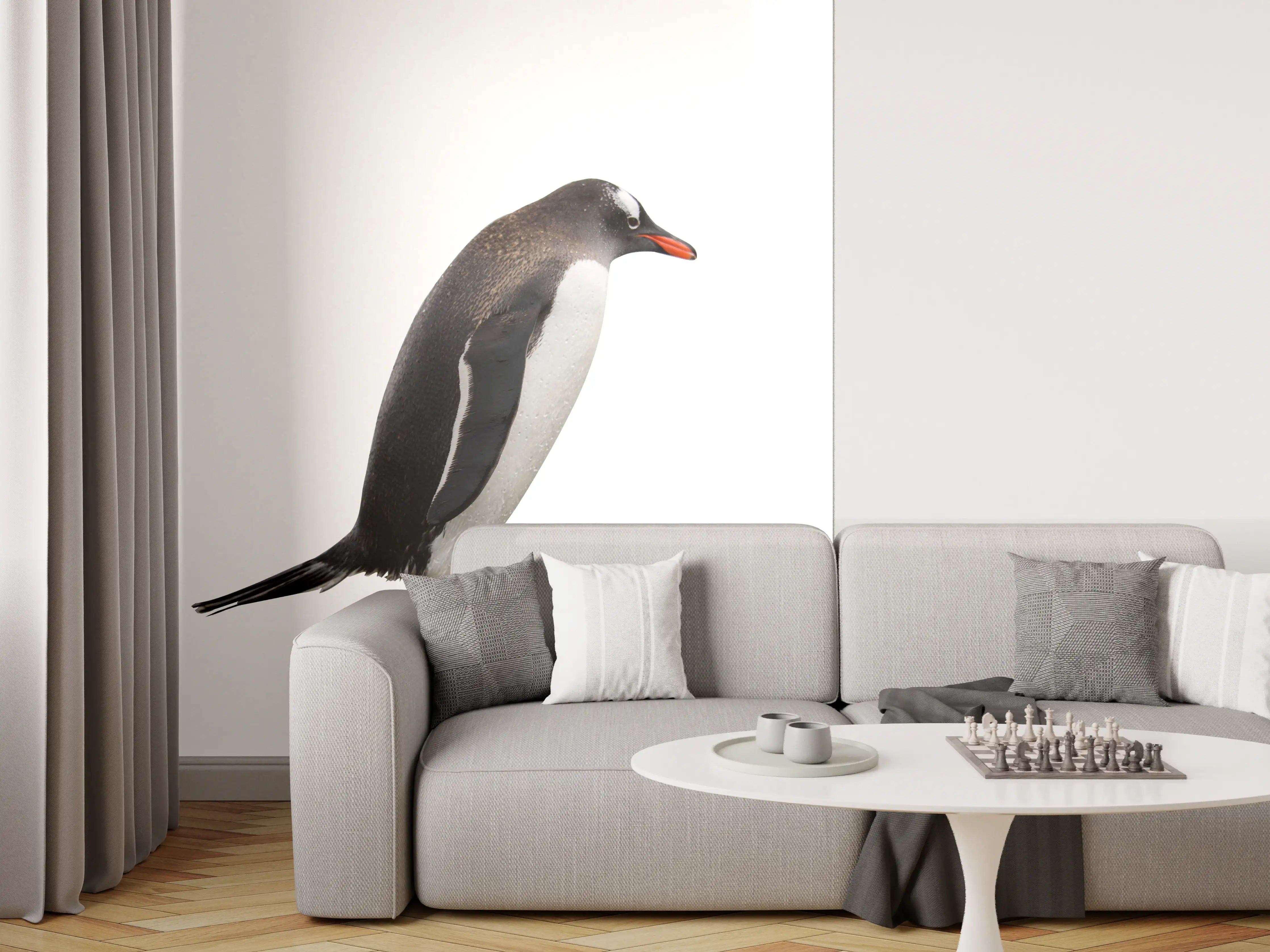 Wandverkleidung Wohnzimmer - Pinguine auf weißem Hintergrund