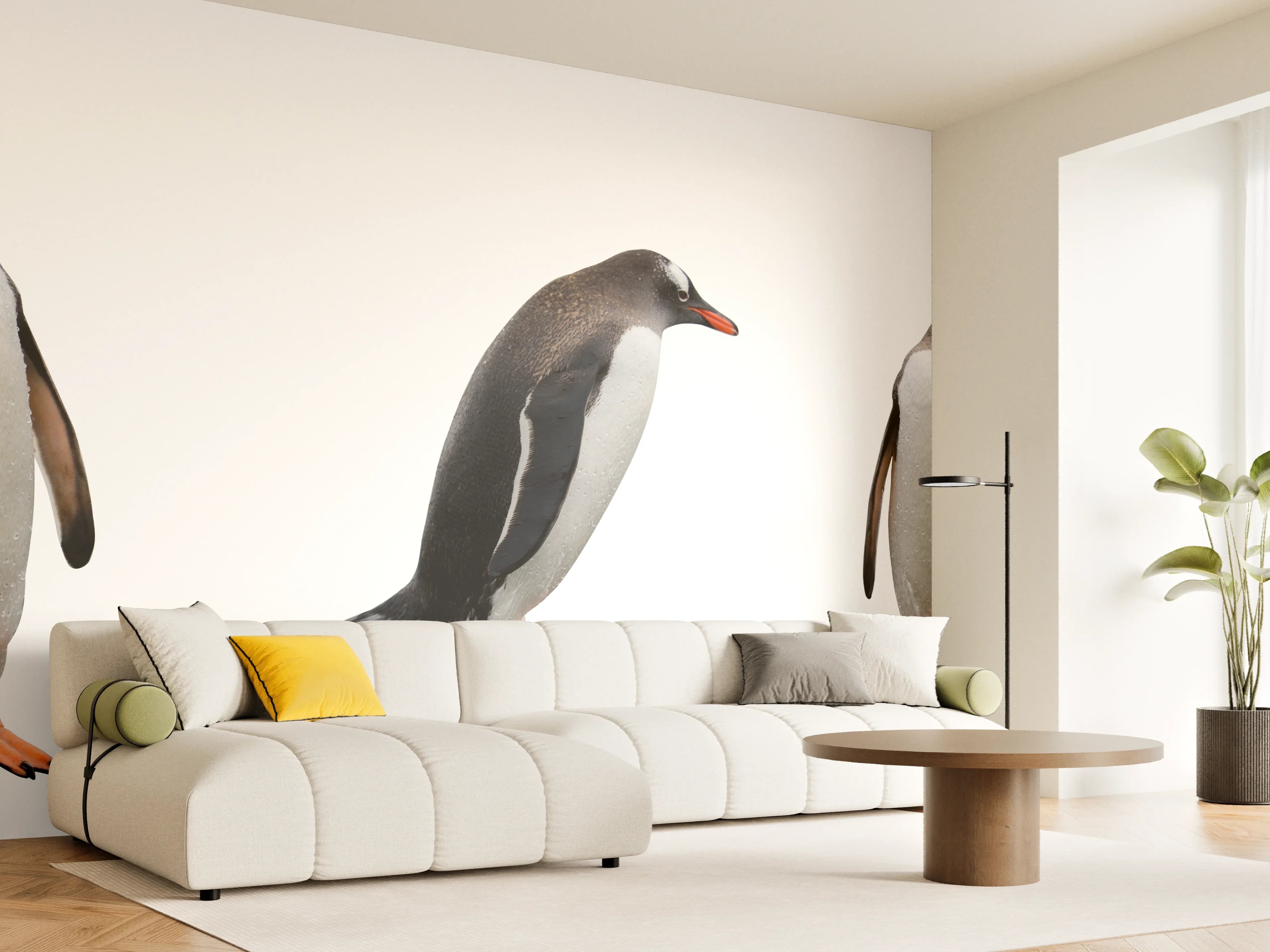 Wandverkleidung Wohnzimmer - Pinguine auf weißem Hintergrund