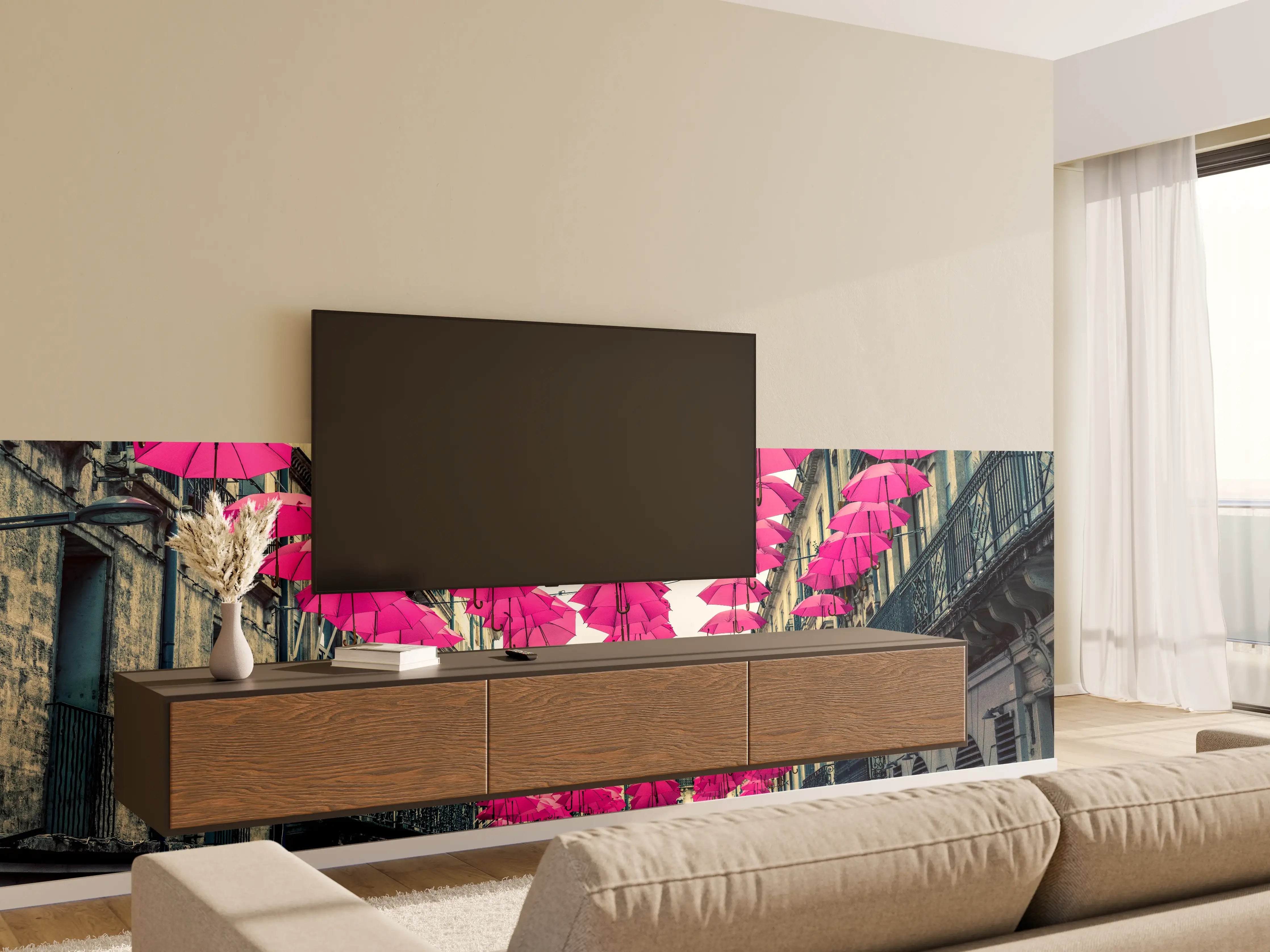 Wandverkleidung Wohnzimmer - Pinke Schirme Straßendekoration
