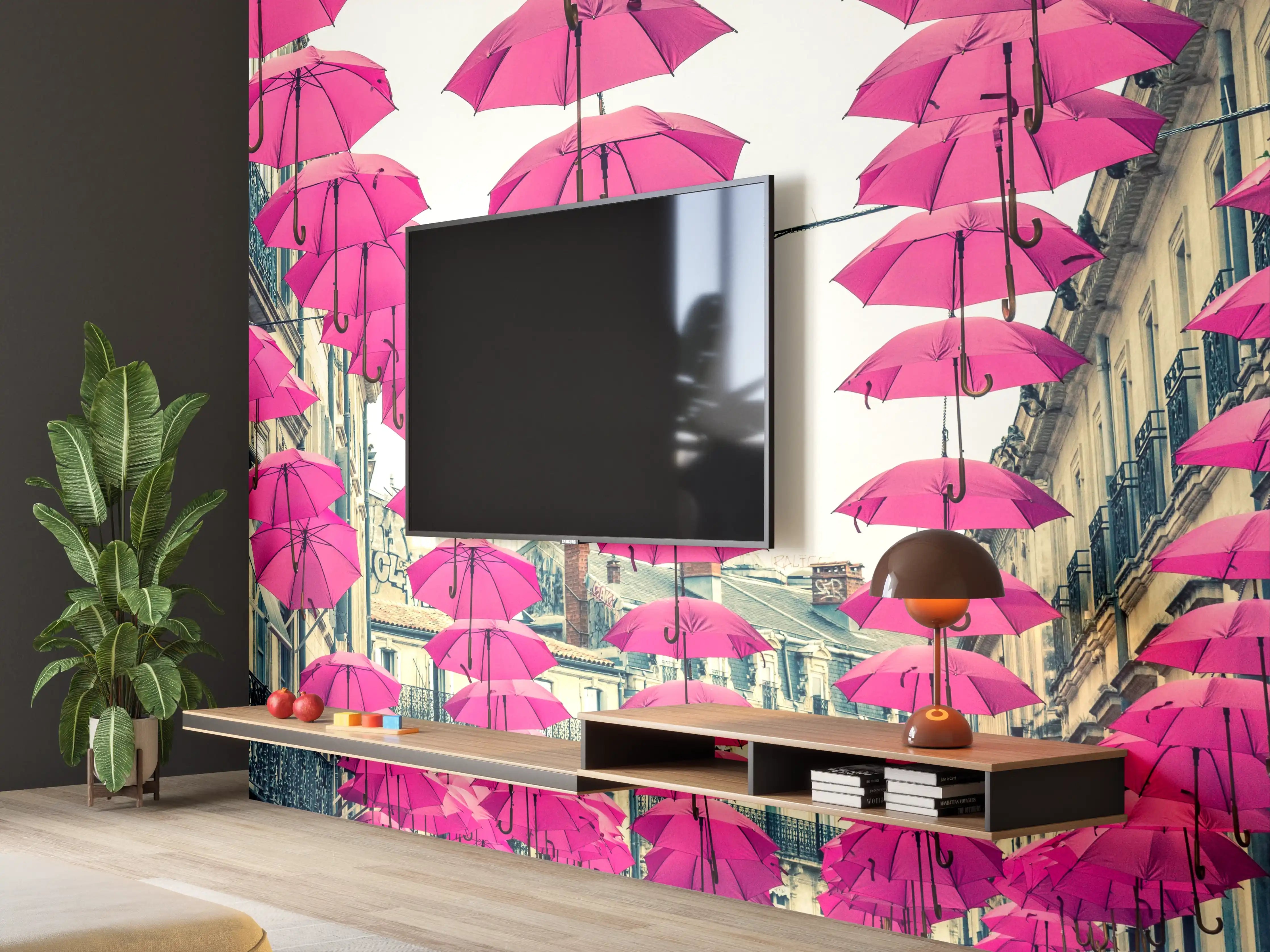 Wandverkleidung Wohnzimmer - Pinke Schirme Straßendekoration