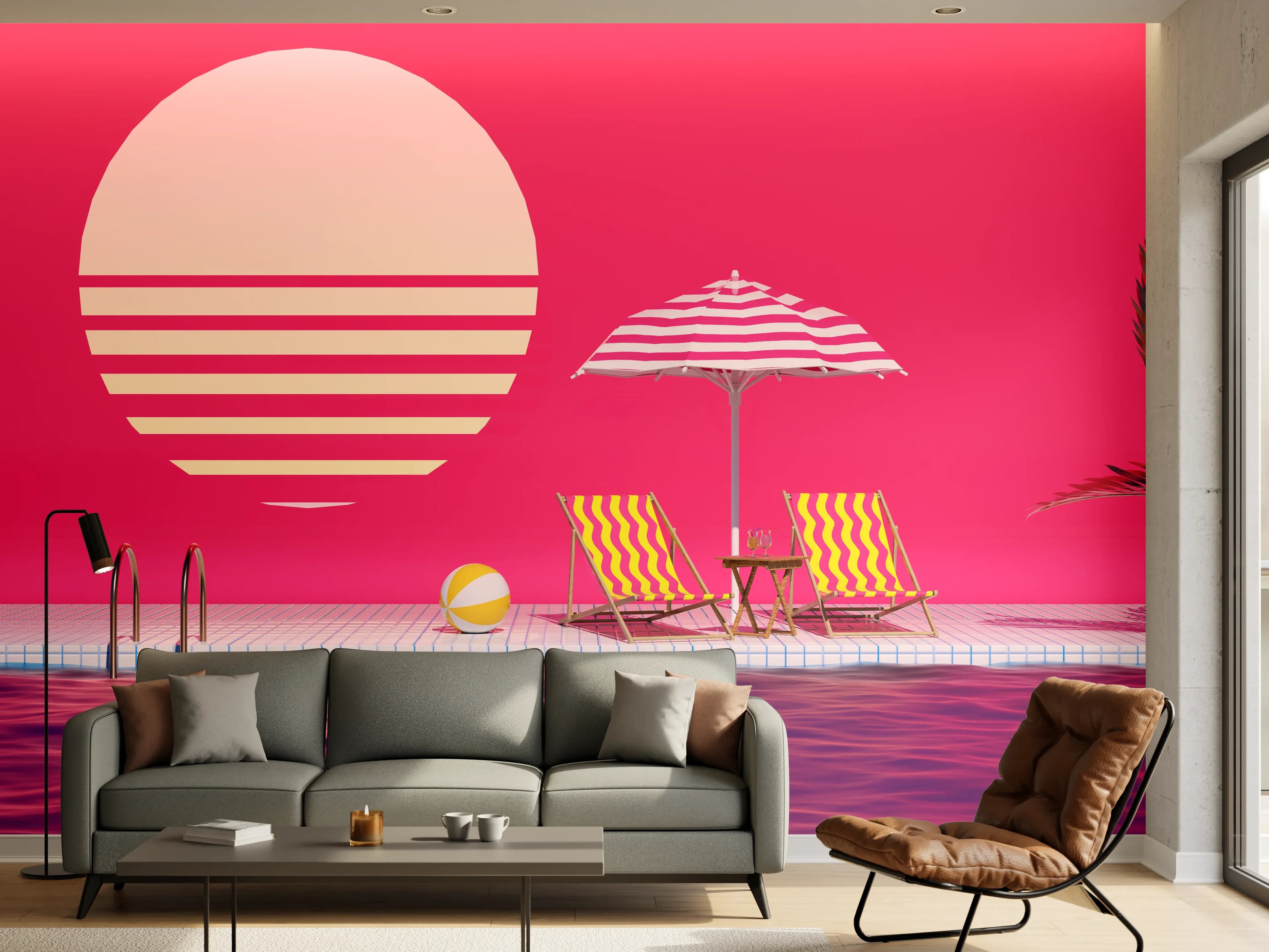 Wandverkleidung Wohnzimmer - Poolparty mit Tropendeko Rosa