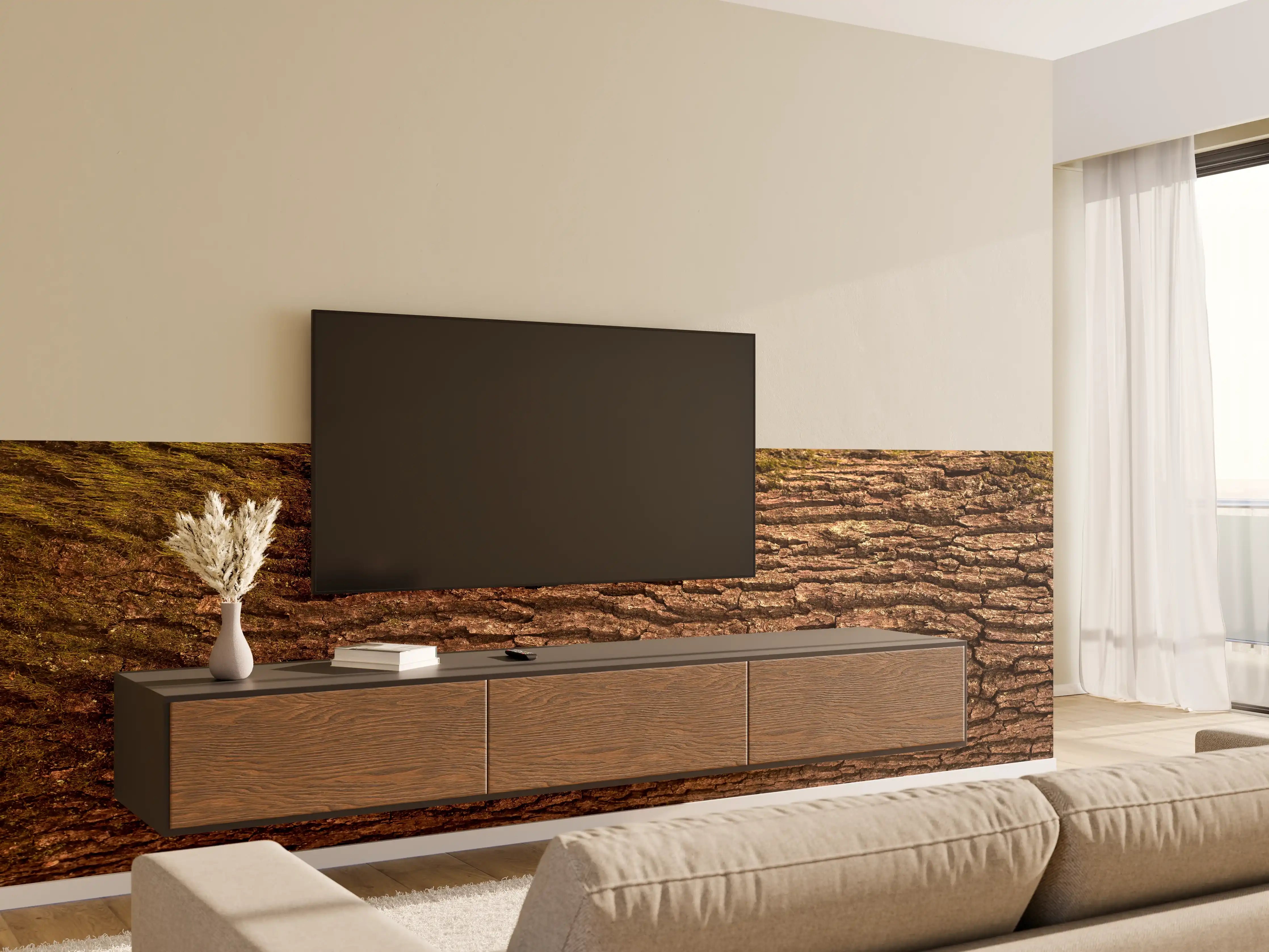 Wandverkleidung Wohnzimmer - Prachtvolle Eichen-Baumrinde Panorama