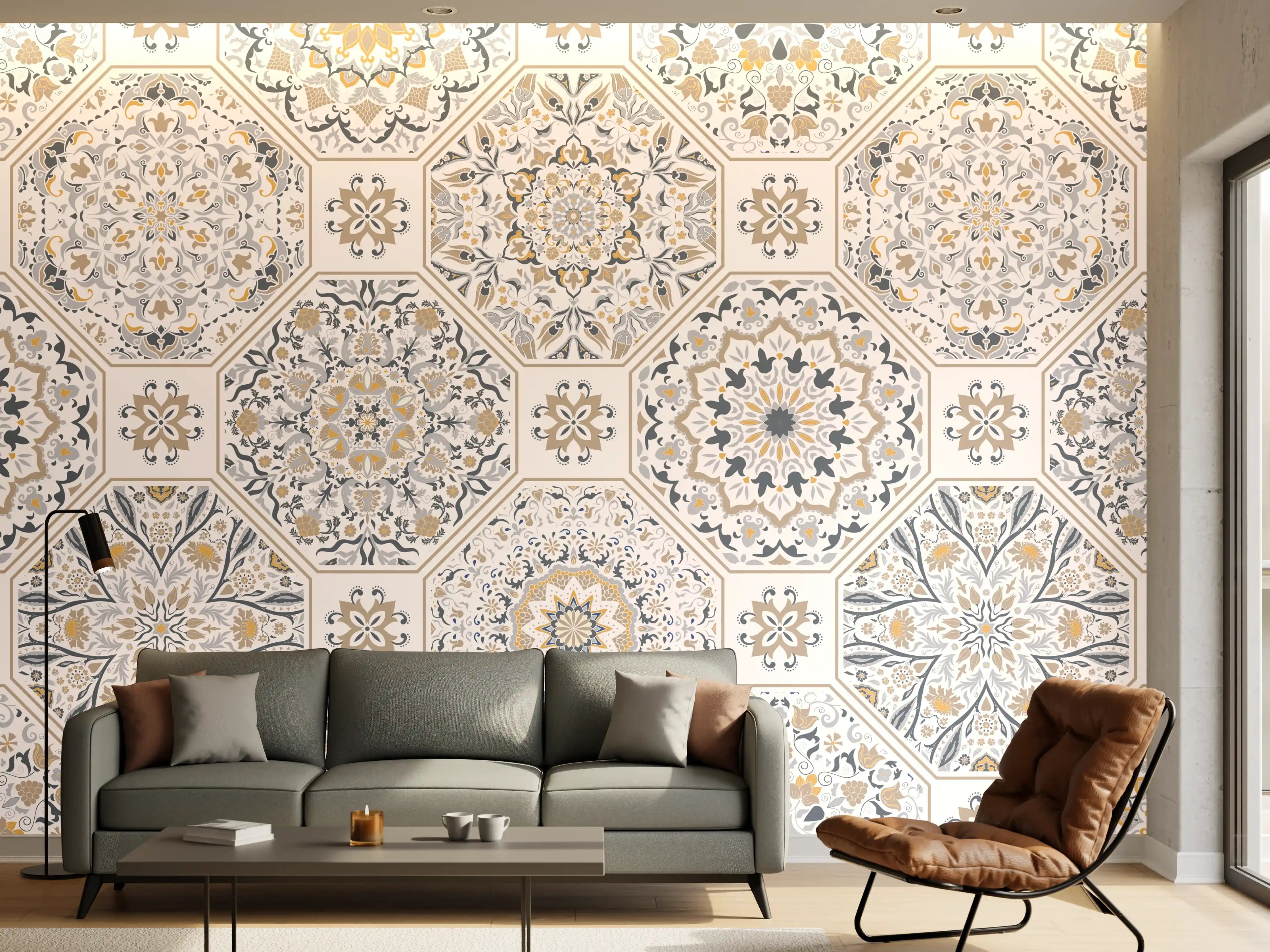 Wandverkleidung Wohnzimmer - Premium Weiß-Grau Ornament-Muster