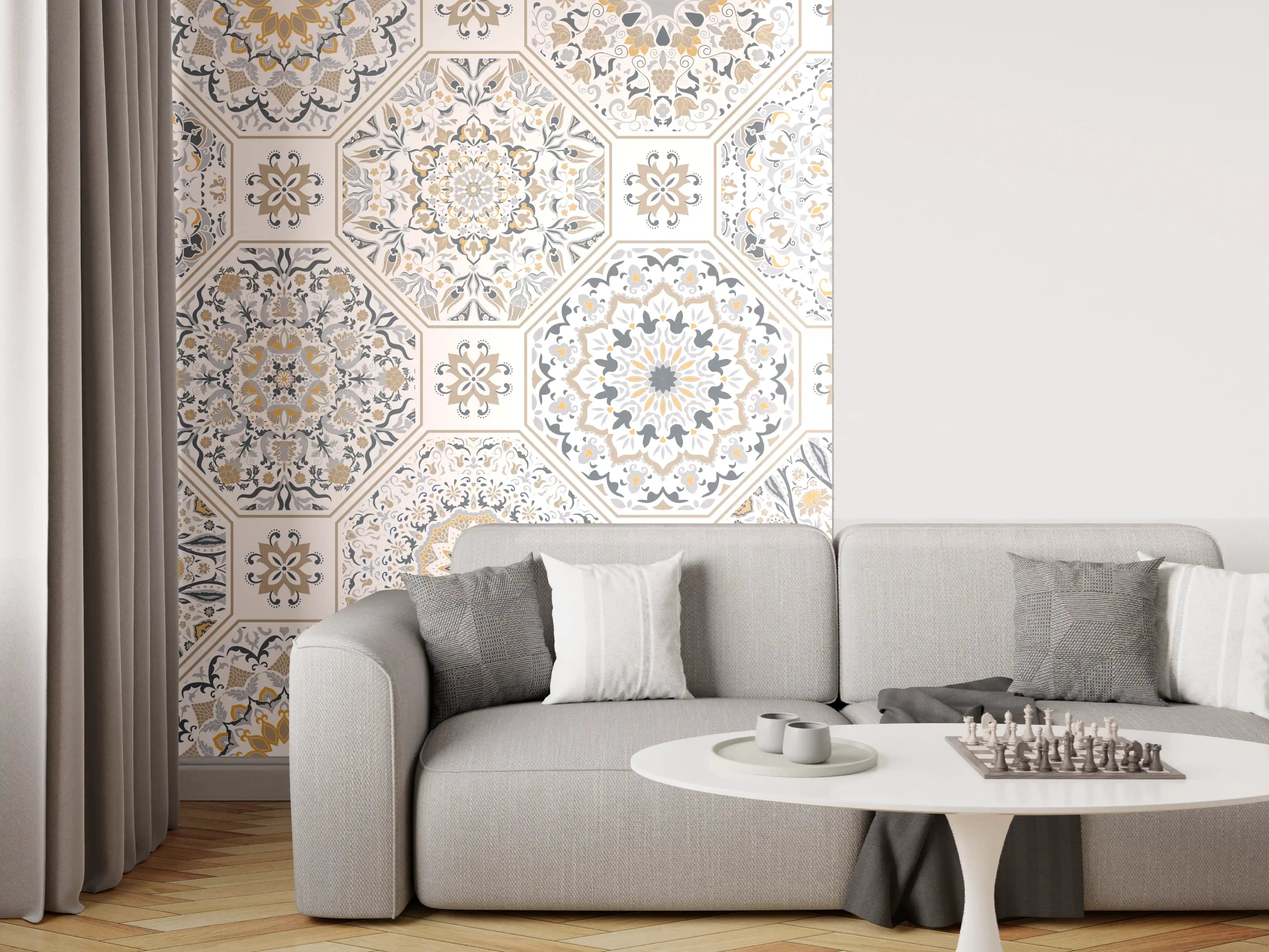 Wandverkleidung Wohnzimmer - Premium Weiß-Grau Ornament-Muster
