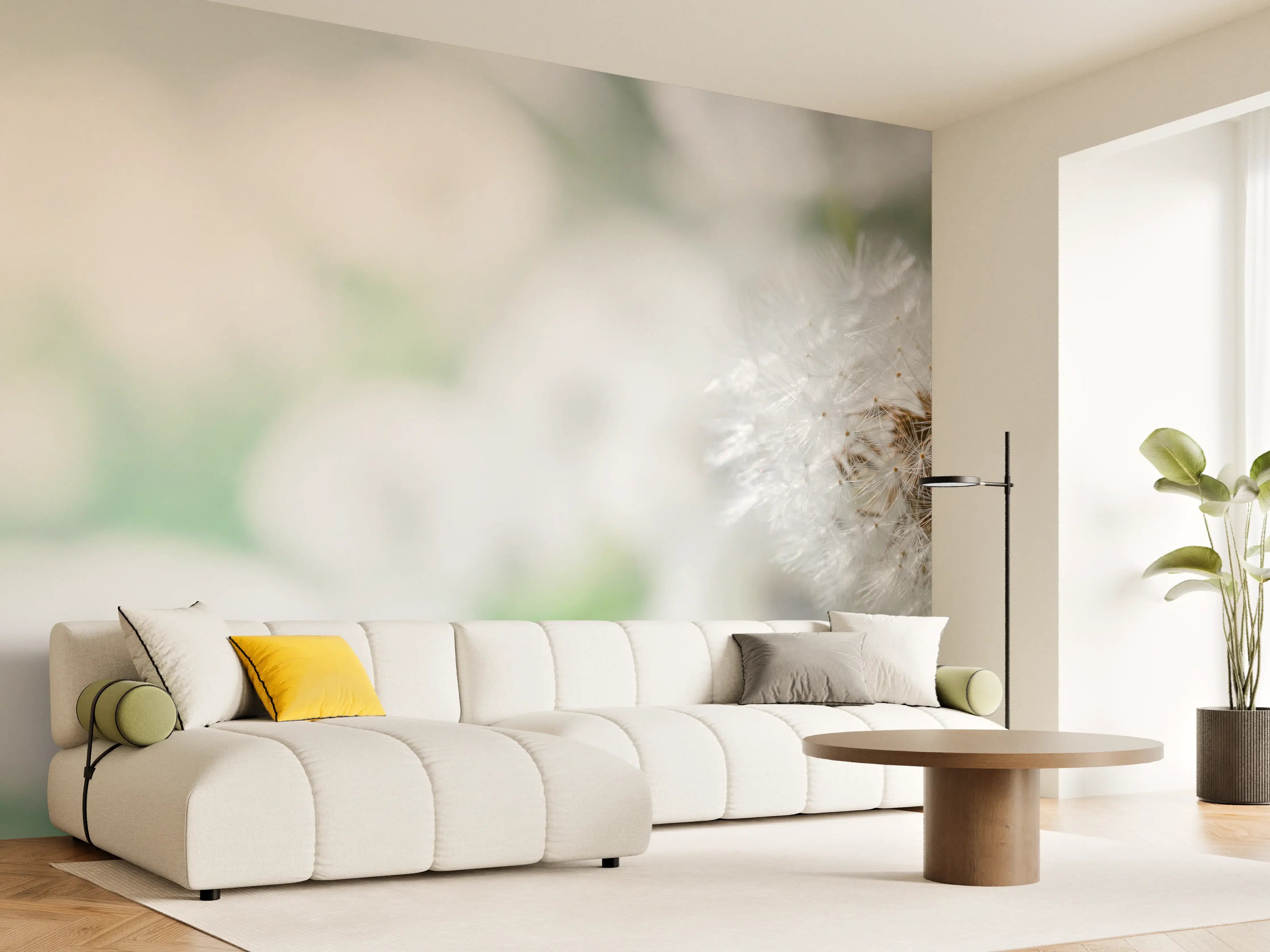 Wandverkleidung Wohnzimmer - Pusteblume in Türkis-Weiß