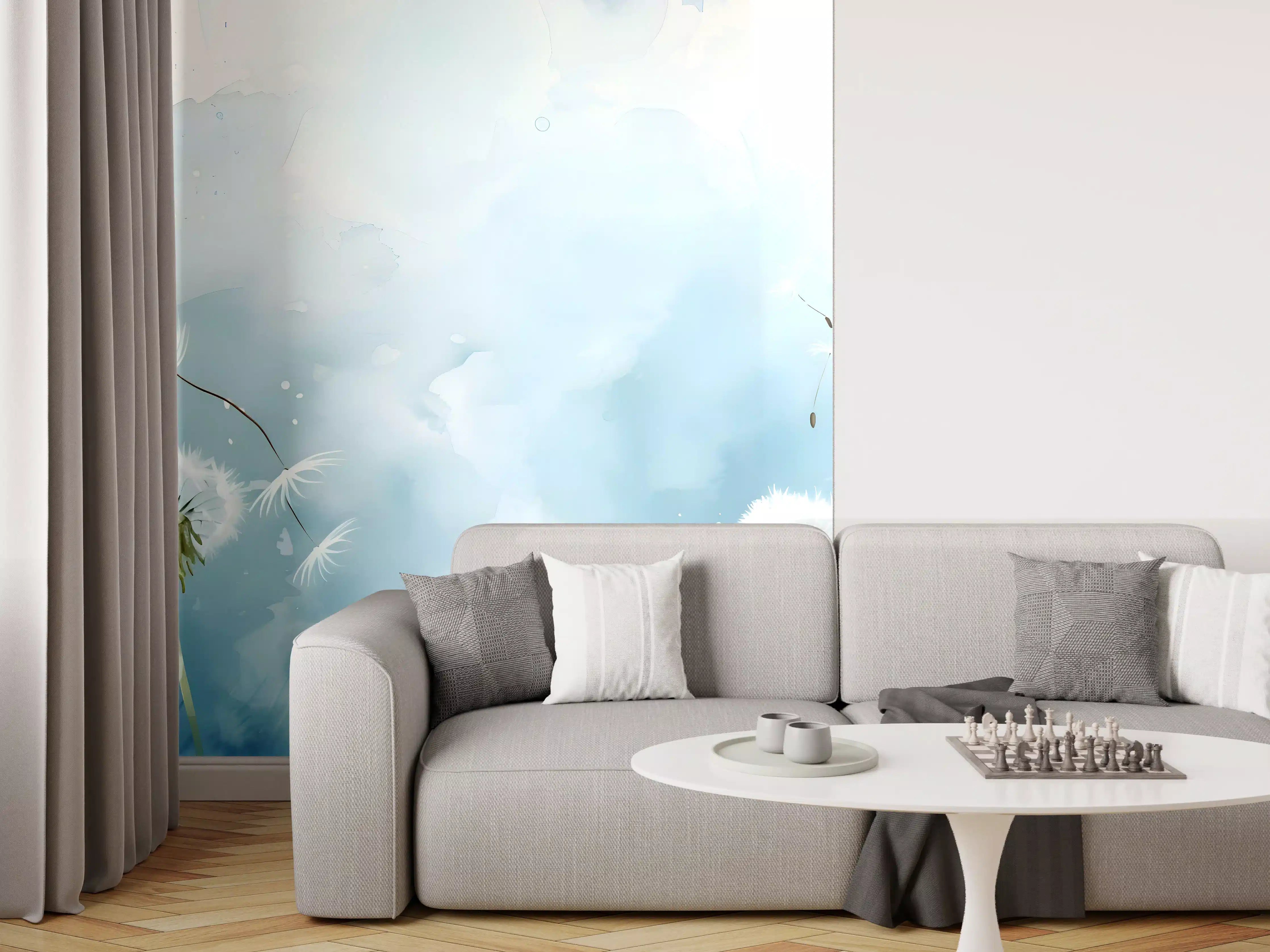 Wandverkleidung Wohnzimmer - Pusteblumen Aquarell Blau-Weiß