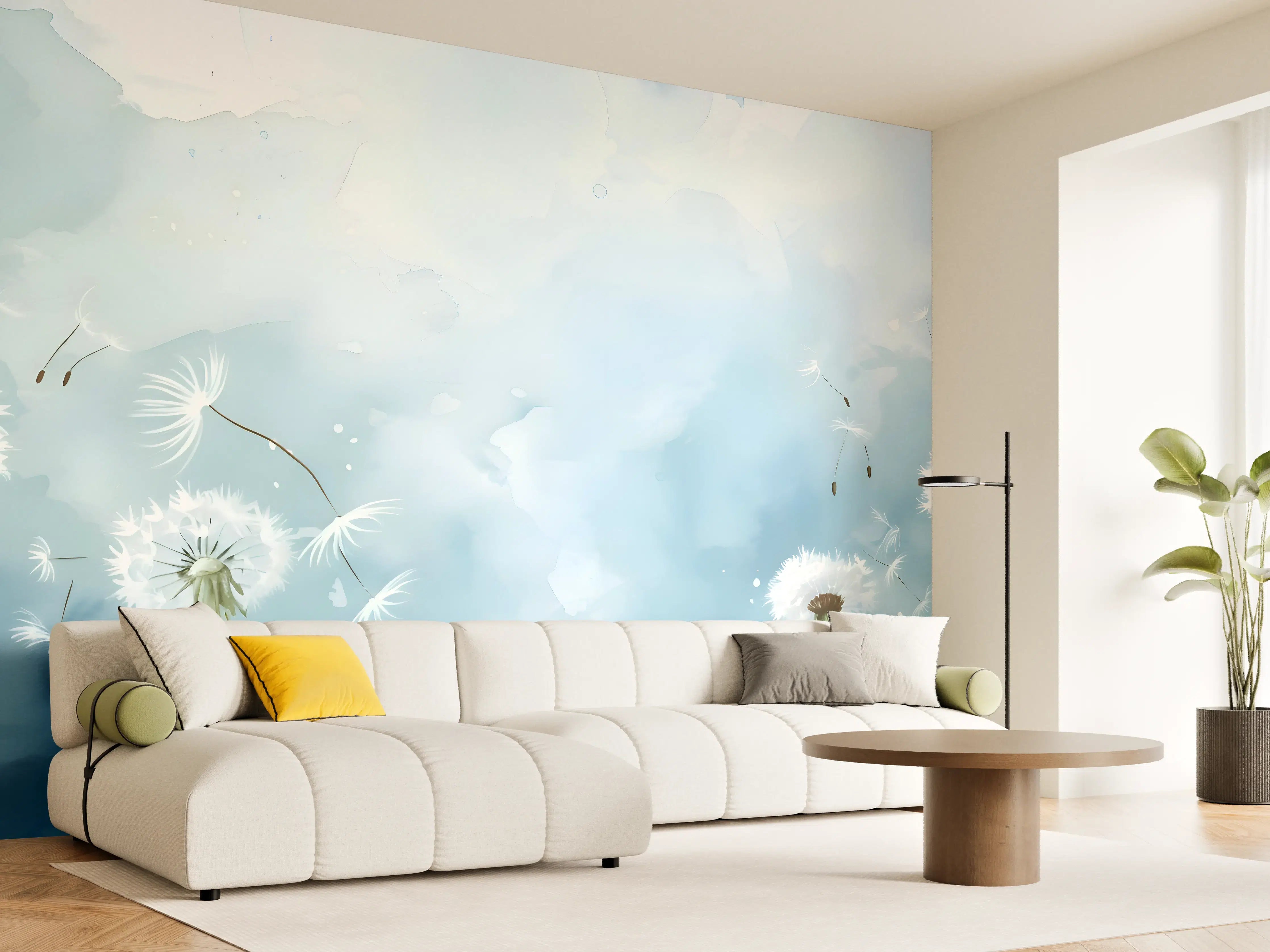 Wandverkleidung Wohnzimmer - Pusteblumen Aquarell Blau-Weiß