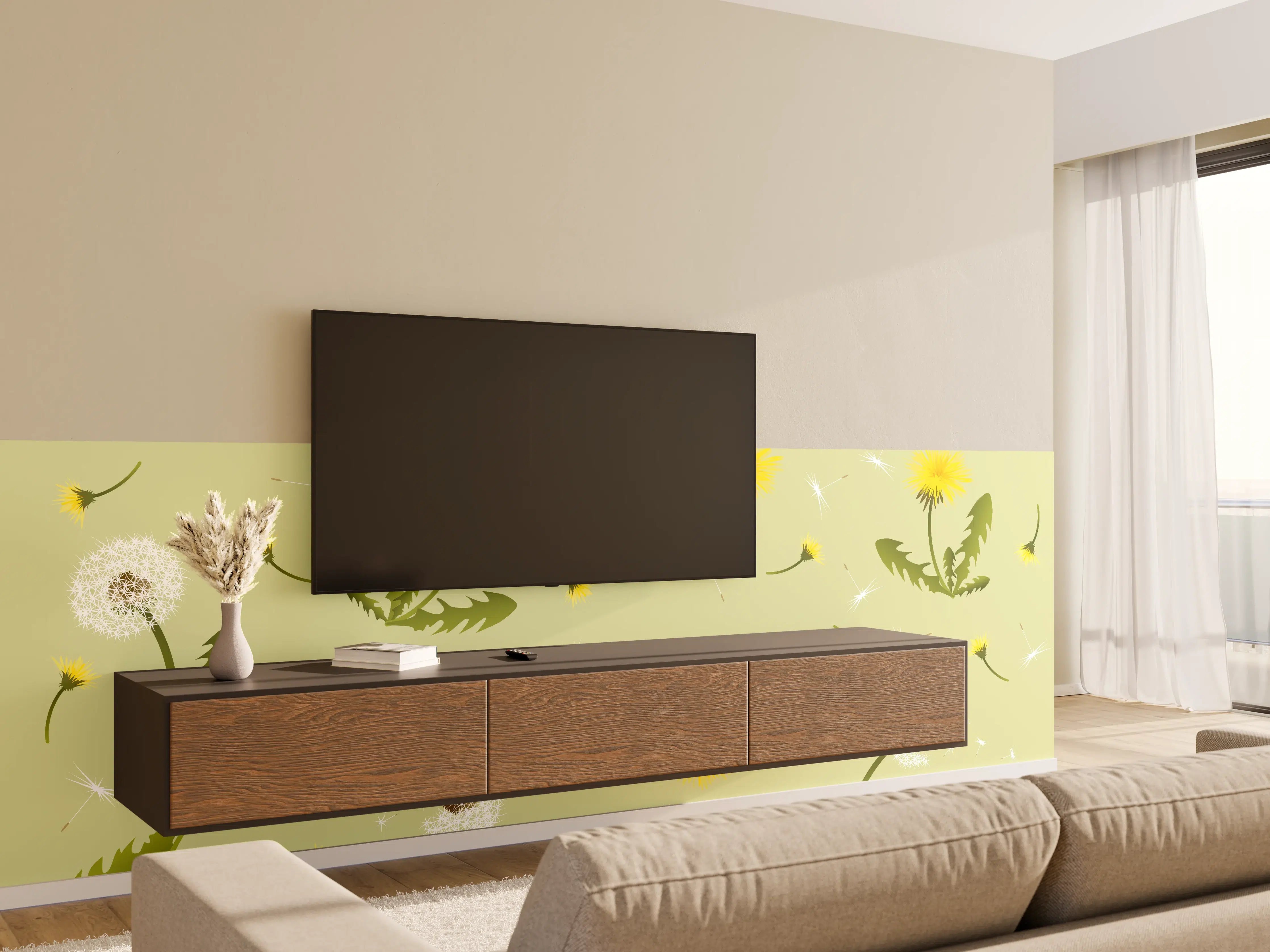 Wandverkleidung Wohnzimmer - Pusteblumen Grün-Gelb Muster