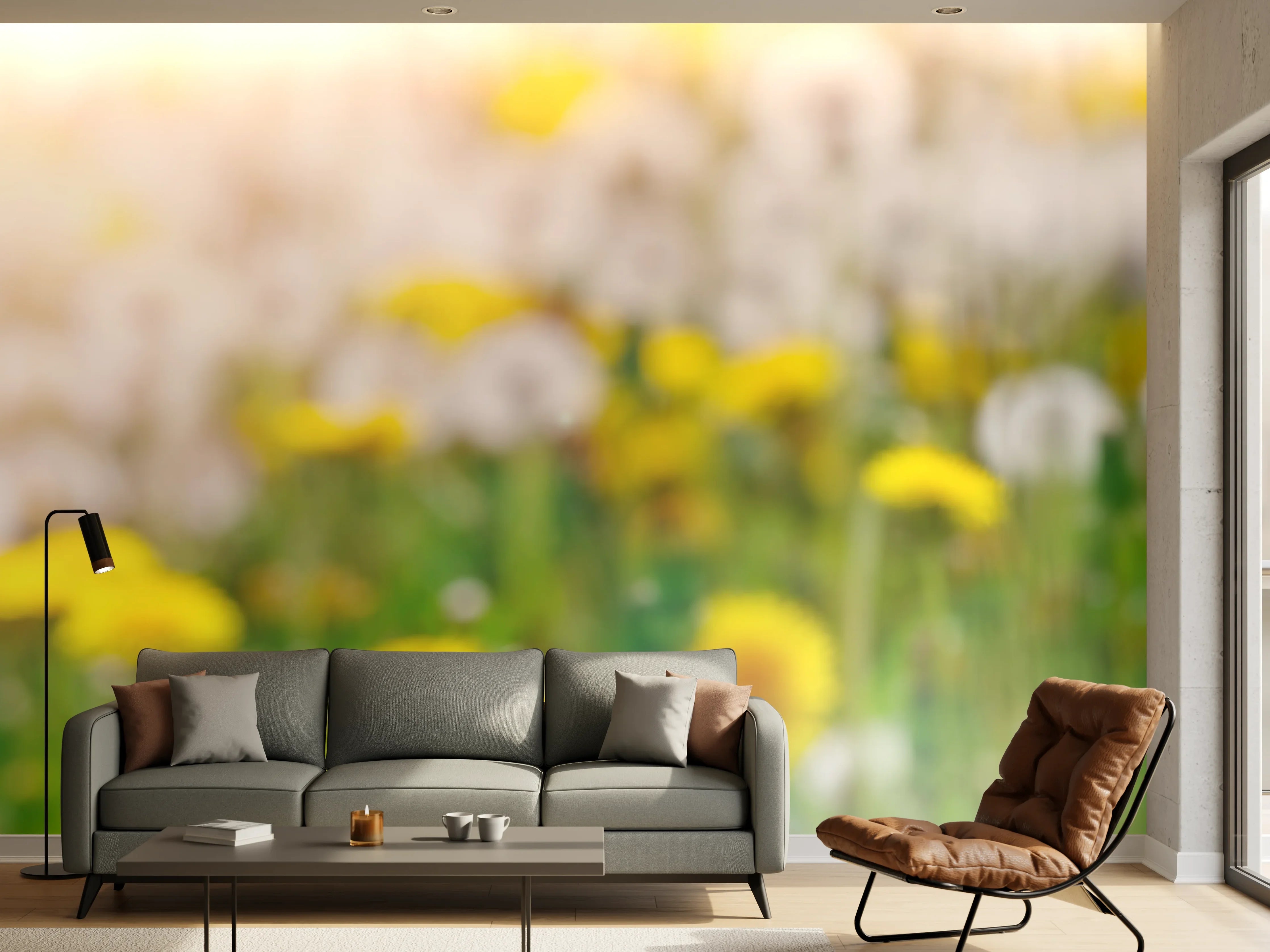 Wandverkleidung Wohnzimmer - Pusteblumen-Wiese Gelb Weiß