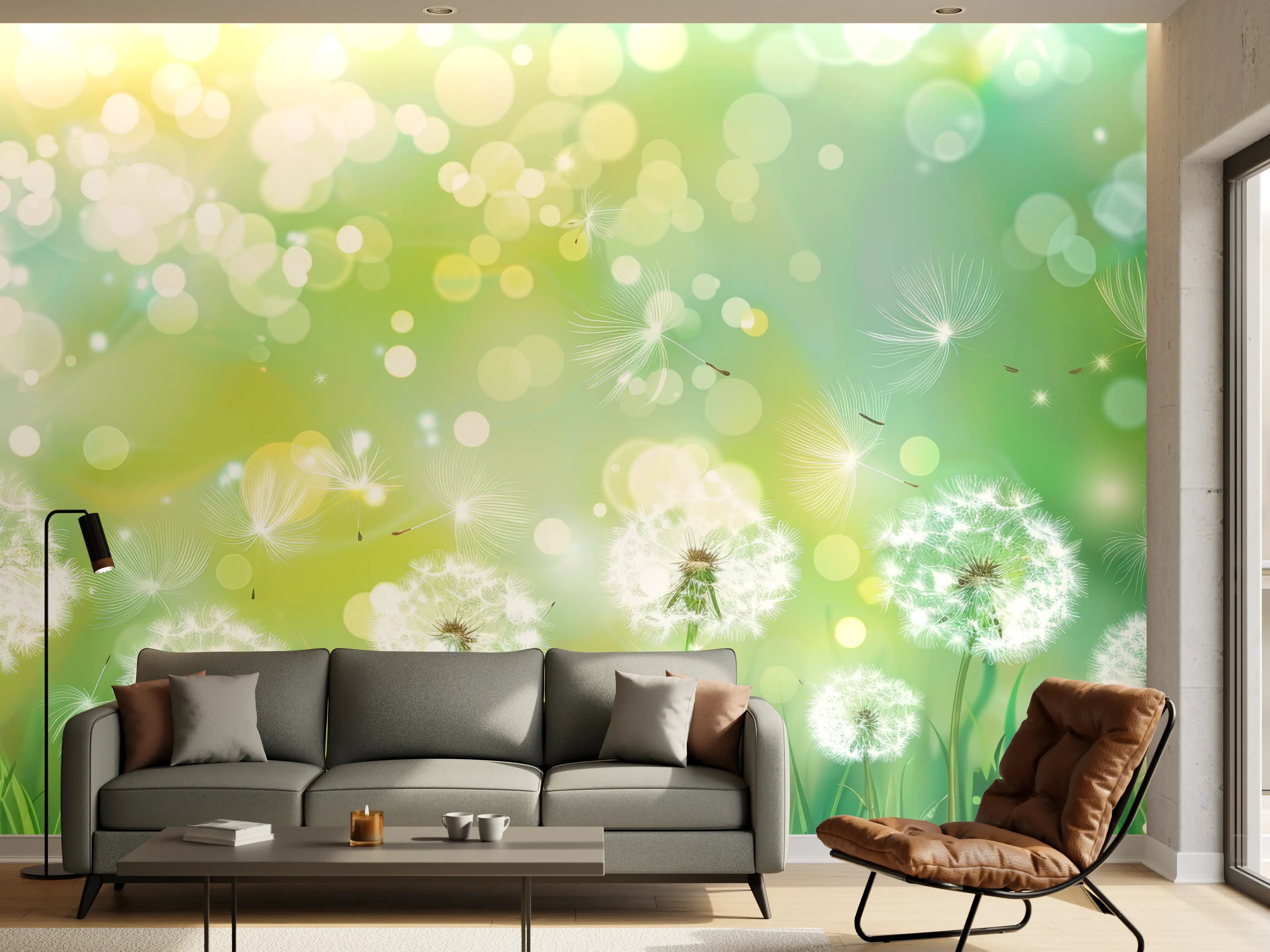 Wandverkleidung Wohnzimmer - Pusteblumen im Frühlingsgrün