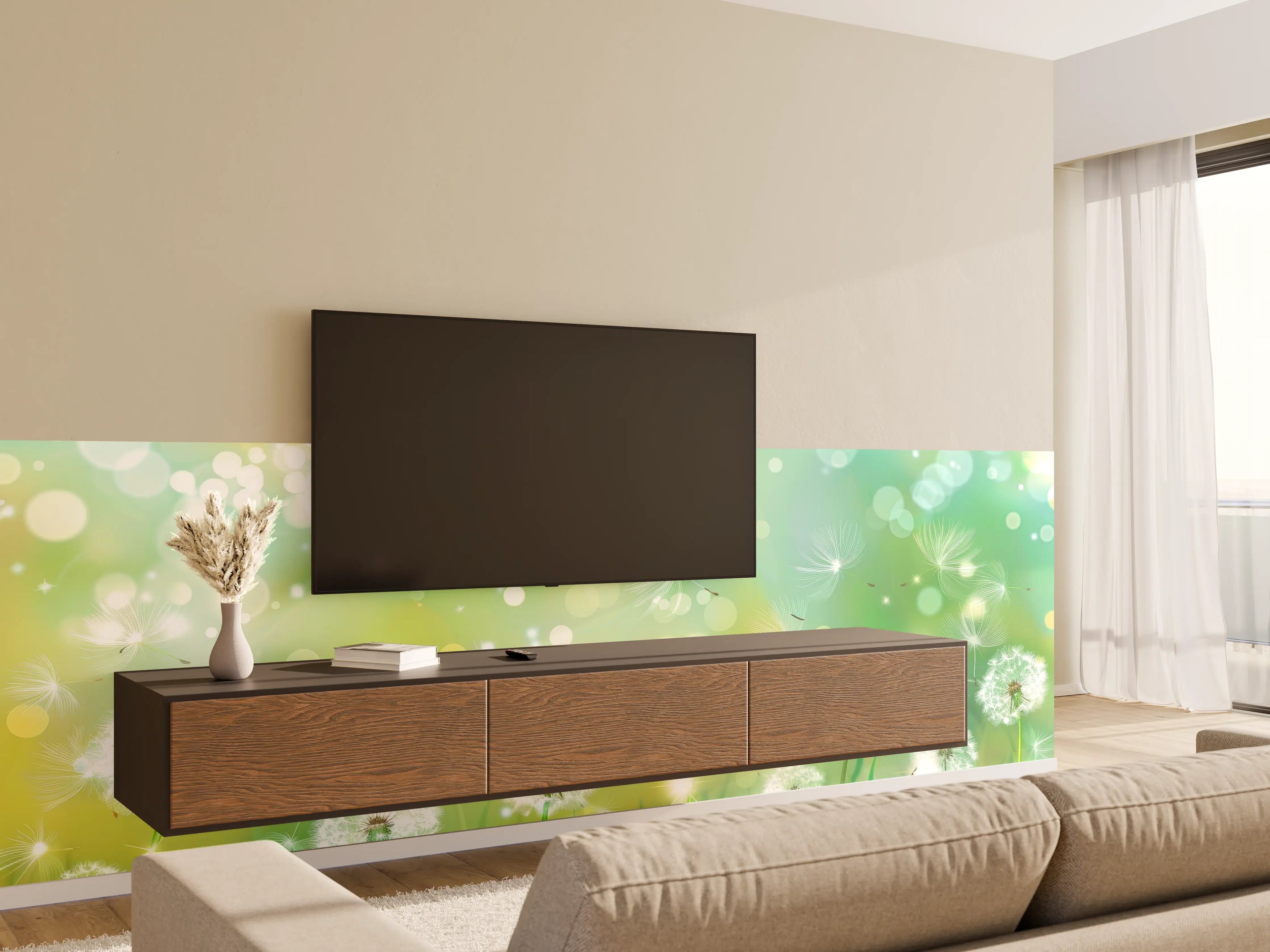 Wandverkleidung Wohnzimmer - Pusteblumen im Frühlingsgrün
