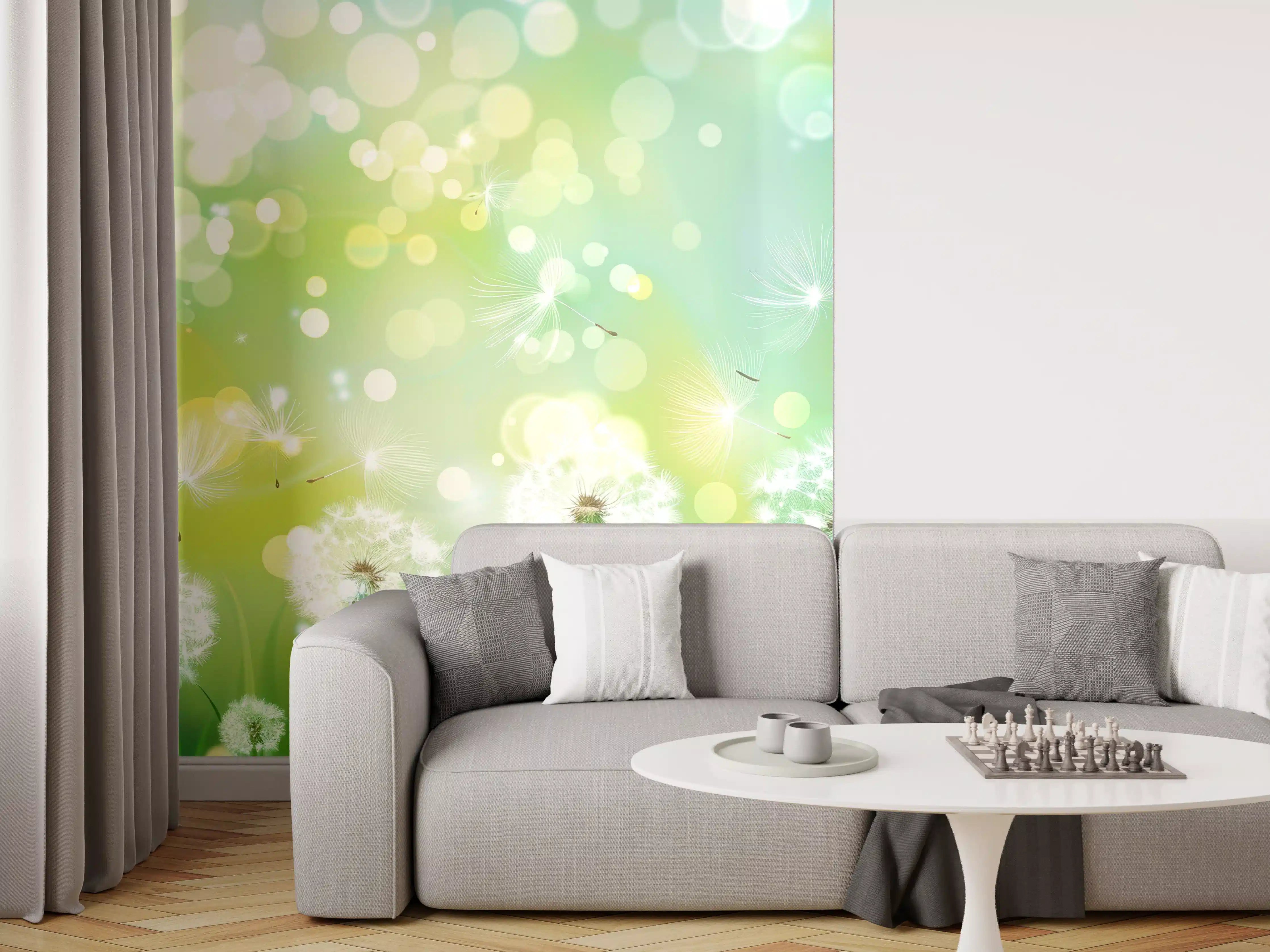 Wandverkleidung Wohnzimmer - Pusteblumen im Frühlingsgrün