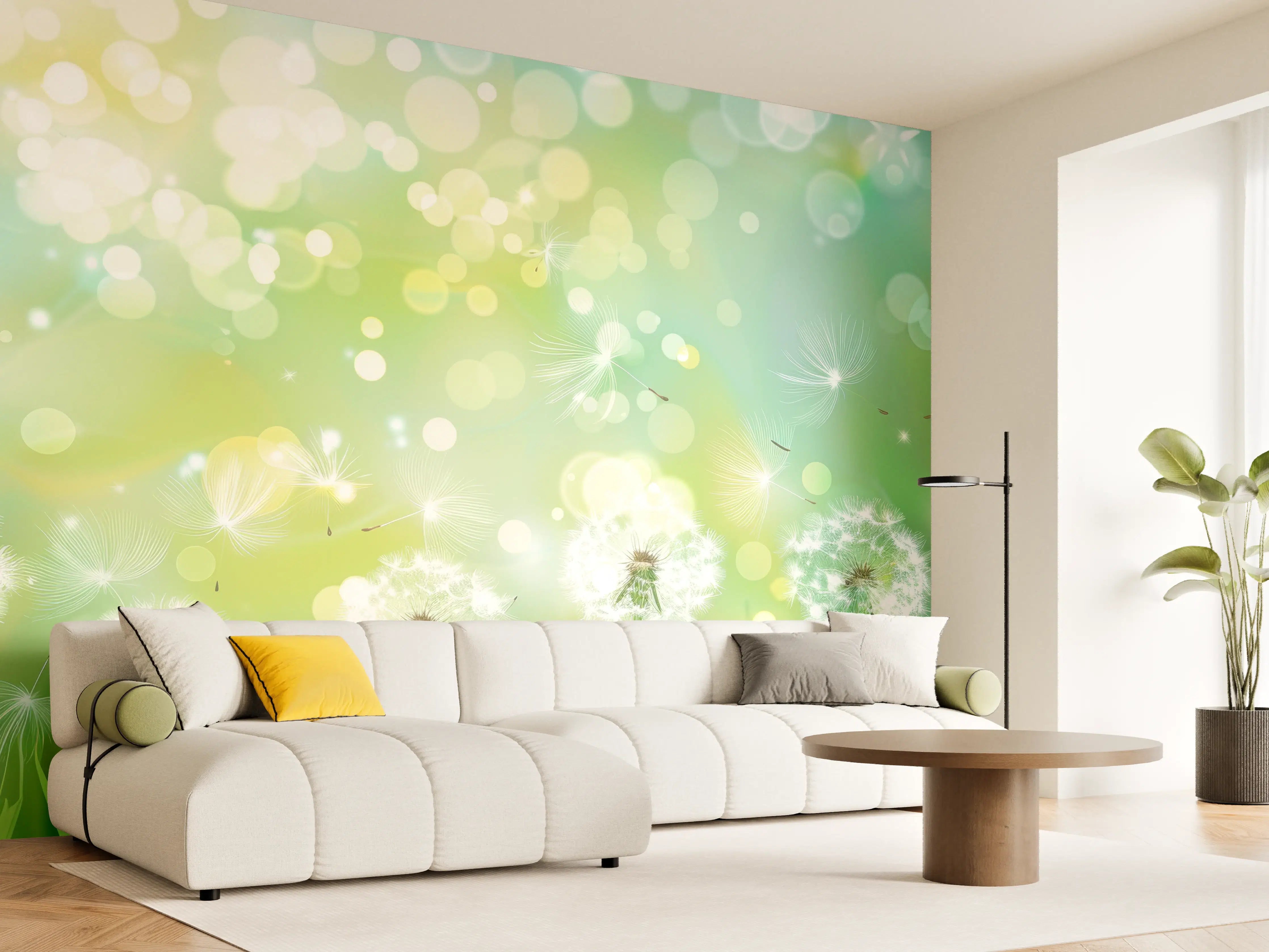 Wandverkleidung Wohnzimmer - Pusteblumen im Frühlingsgrün