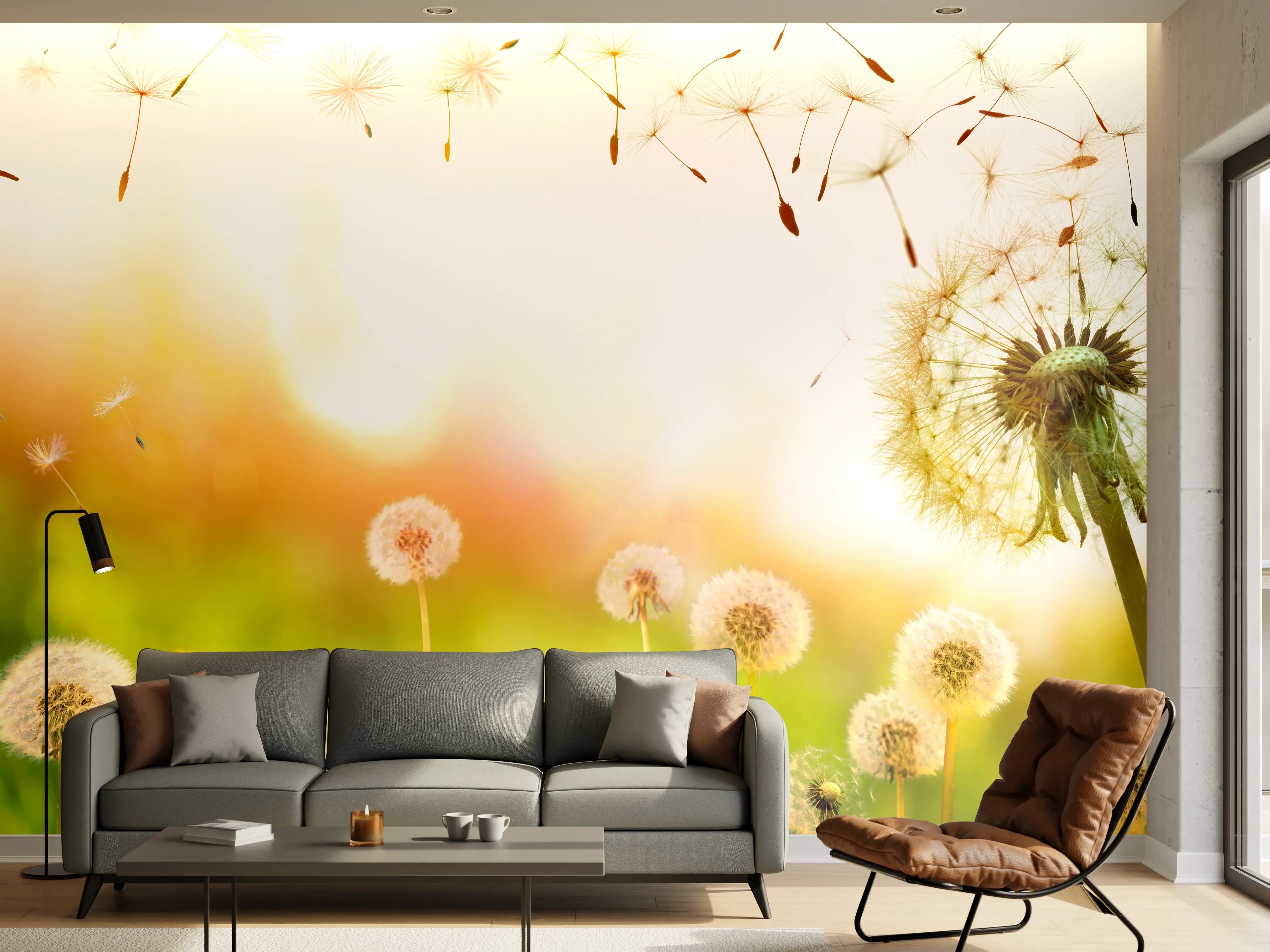 Wandverkleidung Wohnzimmer - Pusteblumen im goldenen Licht