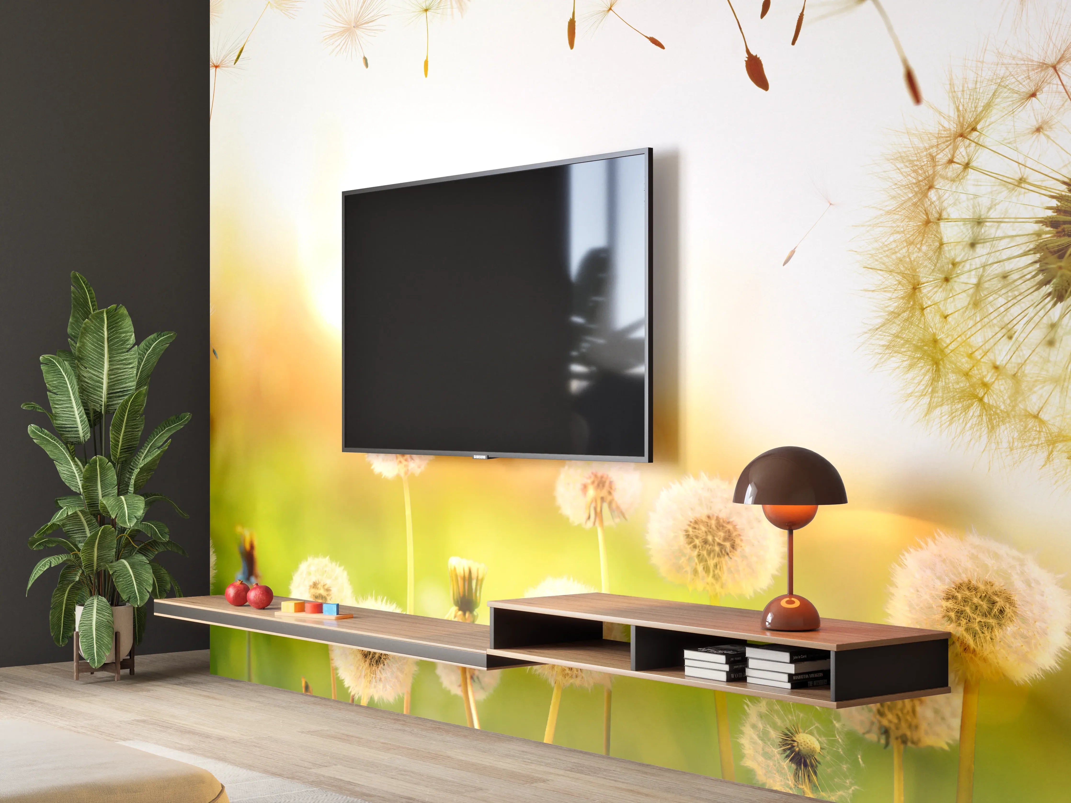 Wandverkleidung Wohnzimmer - Pusteblumen im goldenen Licht
