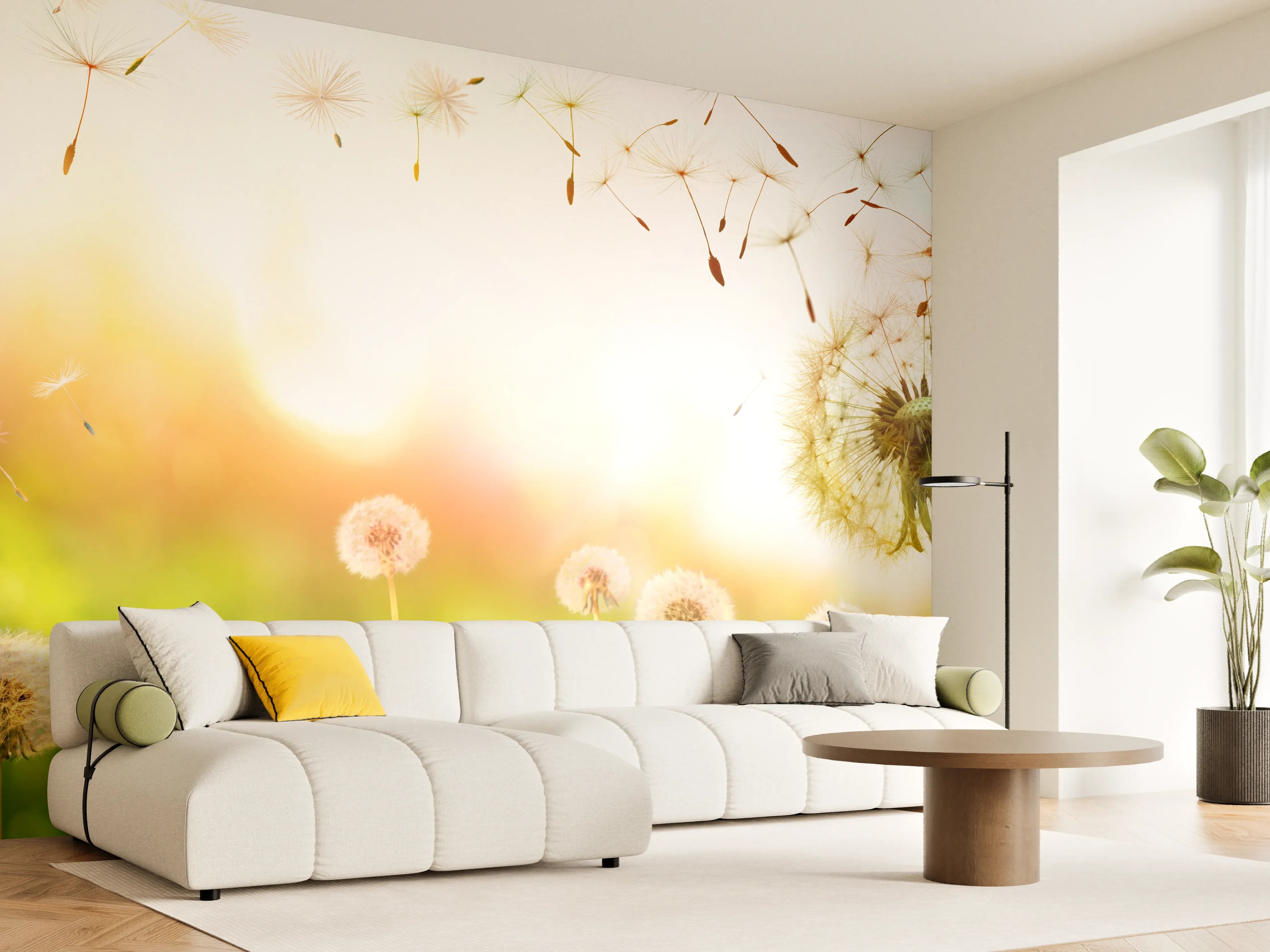 Wandverkleidung Wohnzimmer - Pusteblumen im goldenen Licht