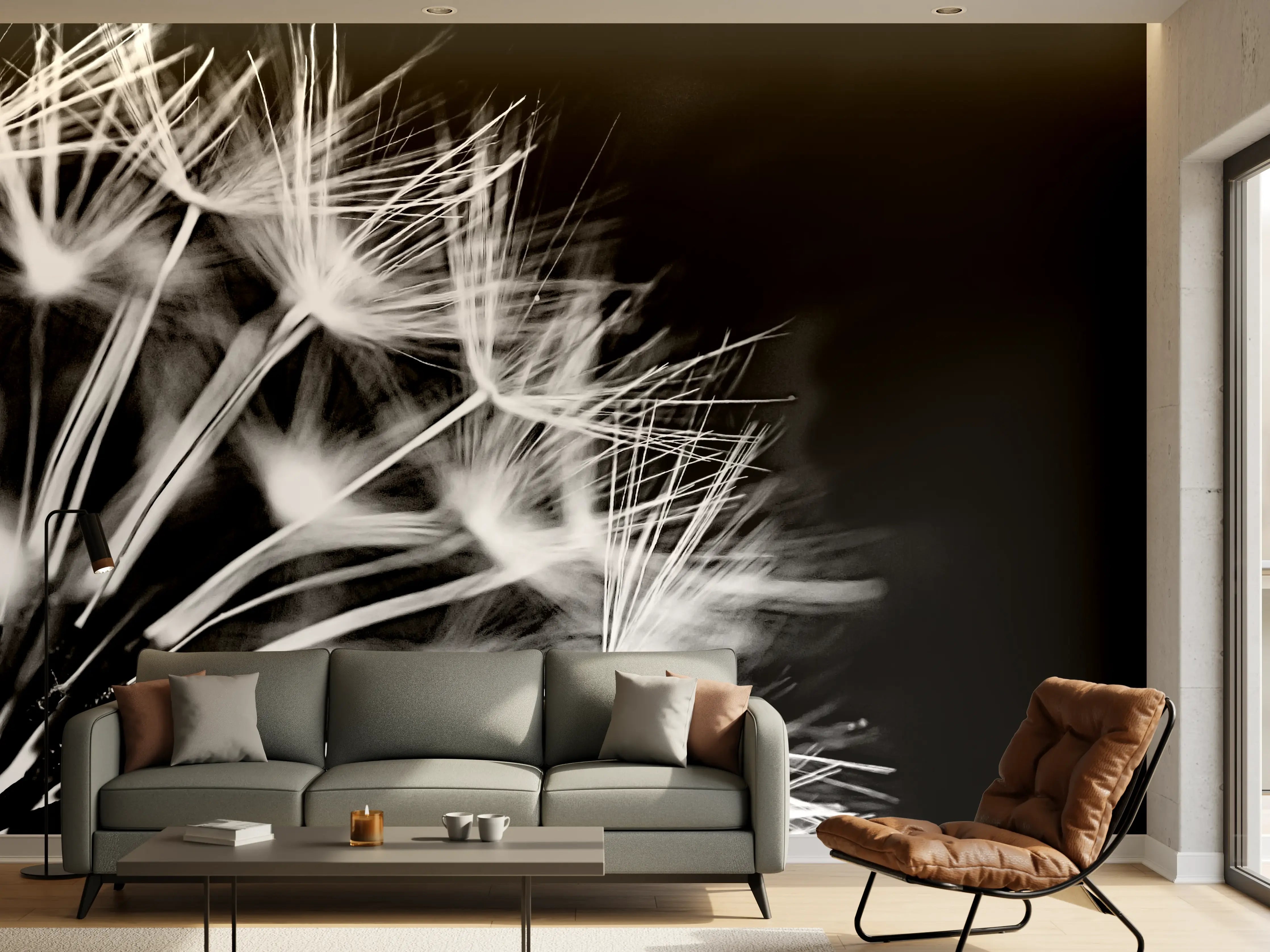 Wandverkleidung Wohnzimmer - Pusteblumen schwarz-weiß Hintergrund