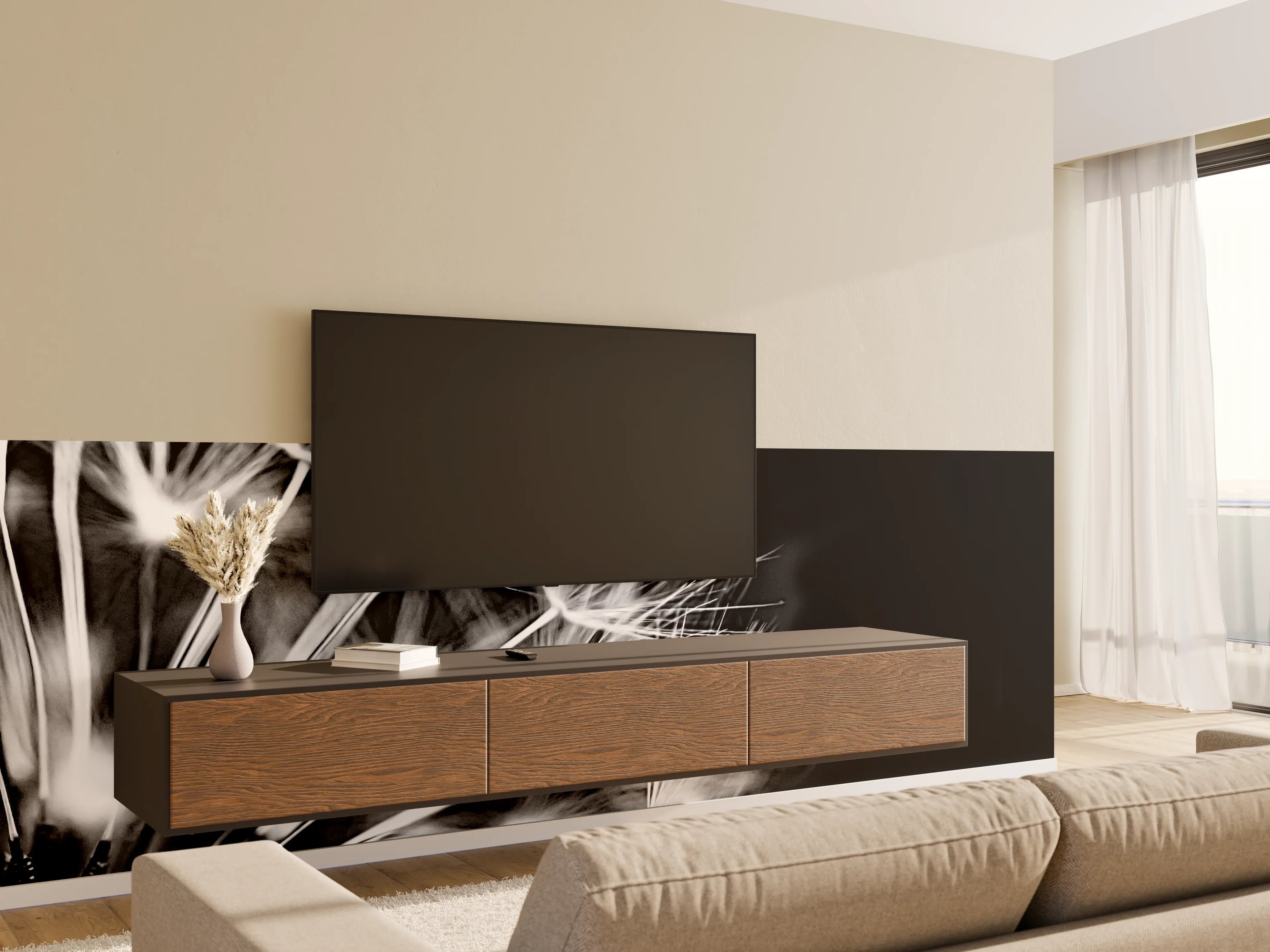Wandverkleidung Wohnzimmer - Pusteblumen schwarz-weiß Hintergrund